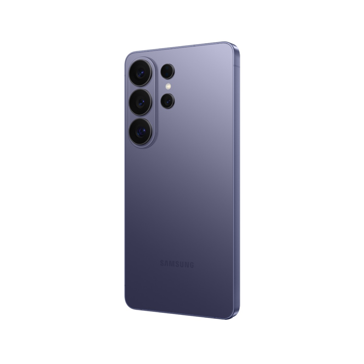 Fioletowy smartfon Samsung z trzema aparatami z tyłu.