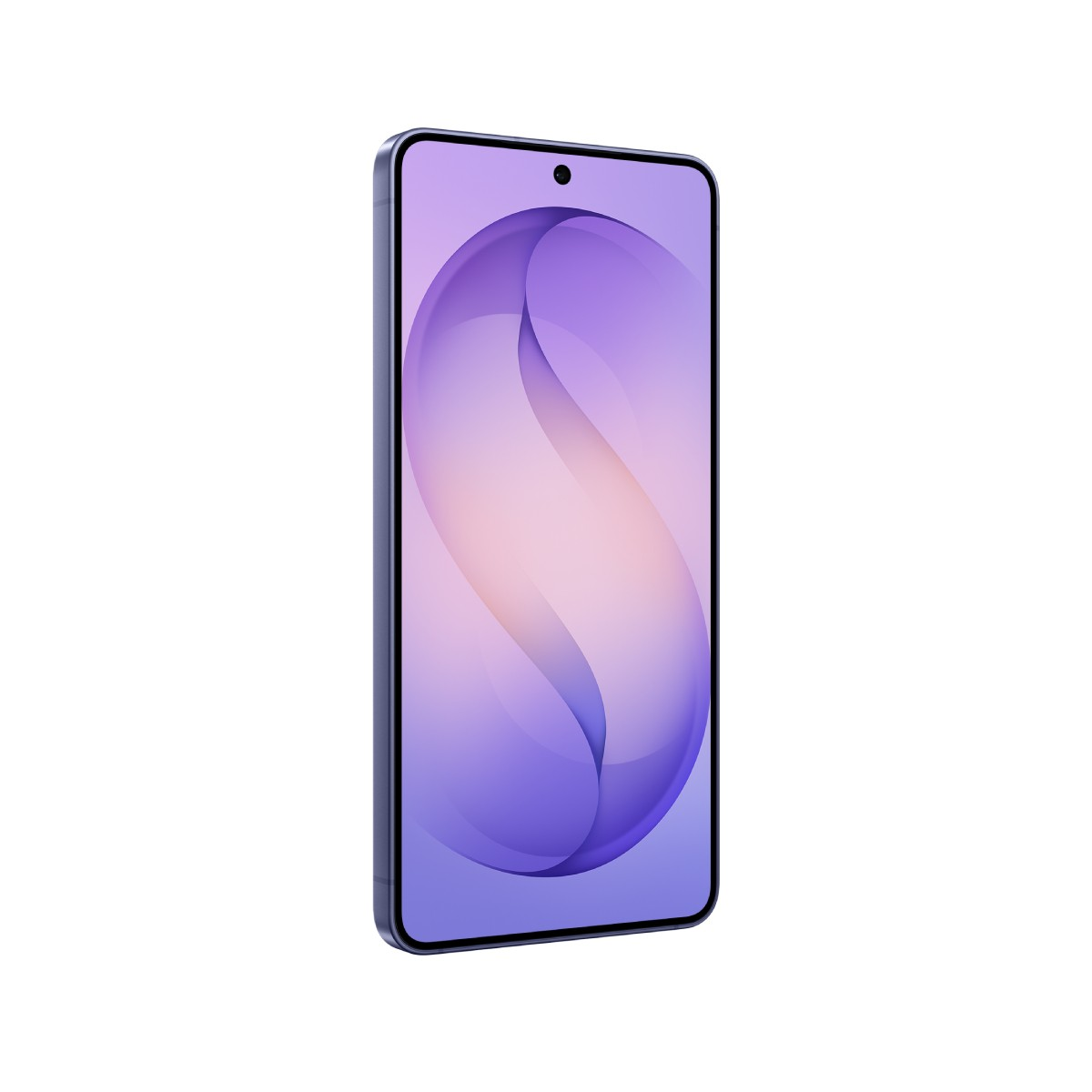 Ciemnoniebieski smartfon z abstrakcyjną tapetą w kolorach fioletowym i różowym.