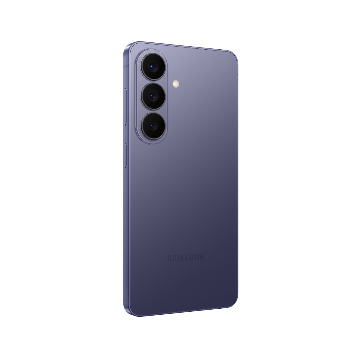 Fioletowy smartfon Samsung z trzema aparatami z tyłu.