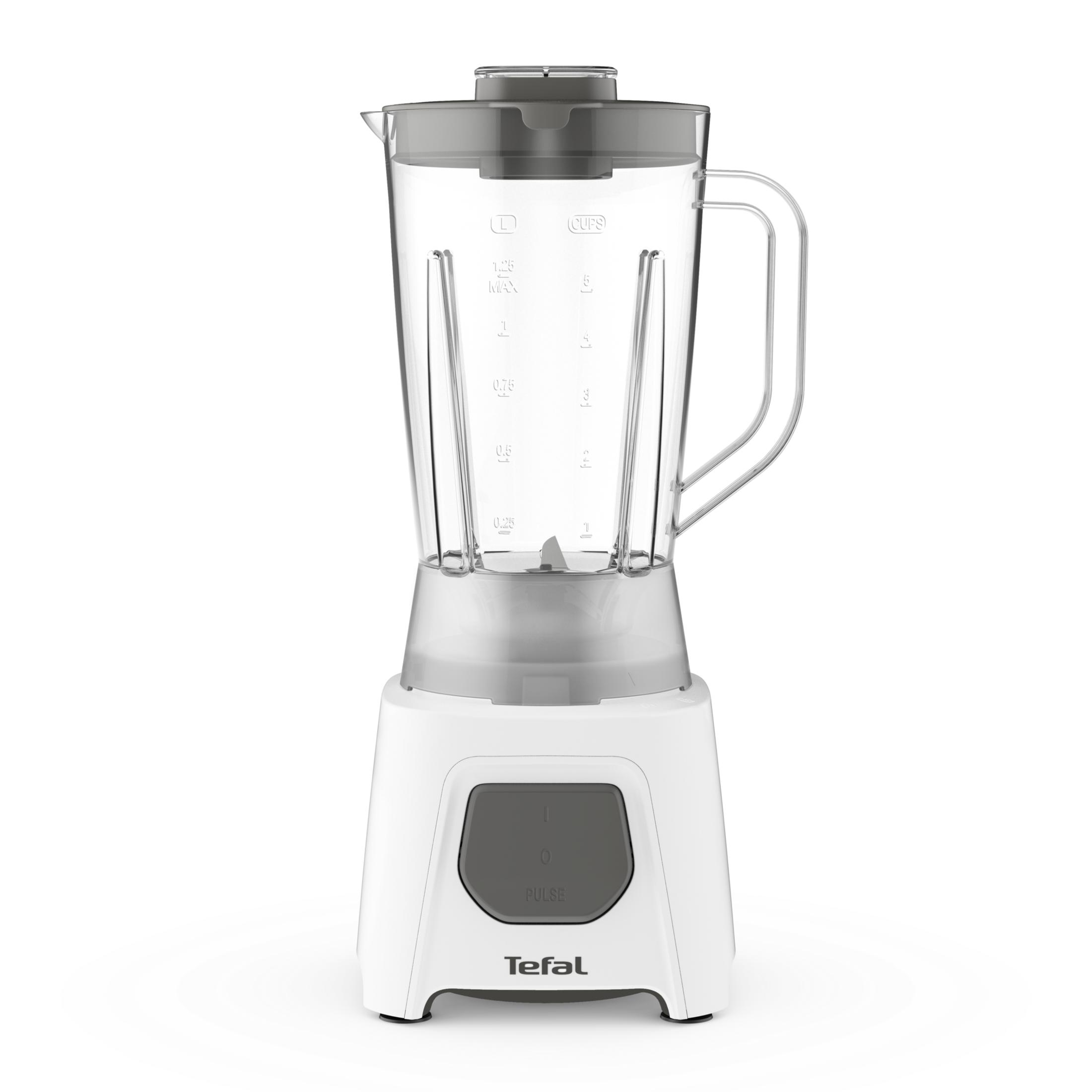 Şeffaf sürahili, gri kumandalı ve Teﬂ logolu beyaz blender.