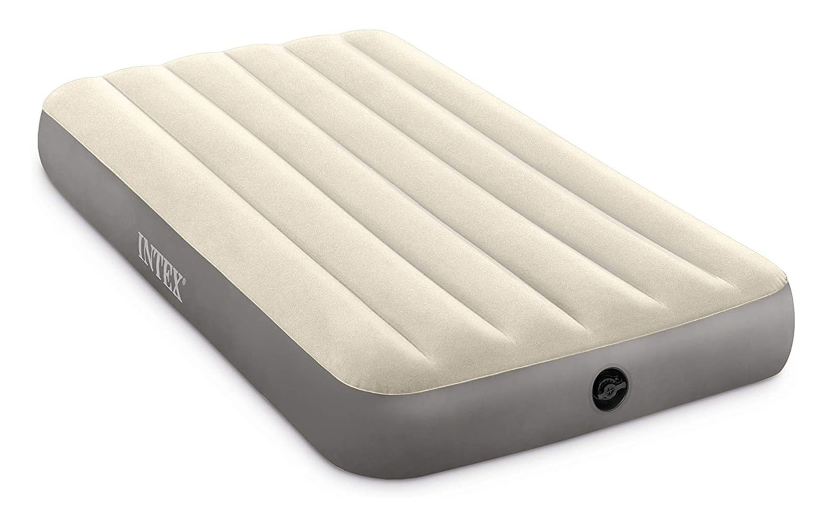 Kremowe materac dmuchany z szarymi bokami i pionowymi żebrami.