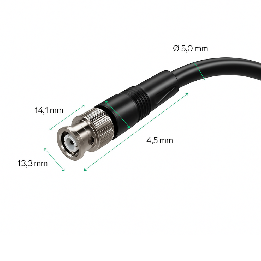 Boyutları belirtilmiş siyah BNC konektörünün yakın çekimi: 14,1 mm, 13,3 mm, 4,5 mm.