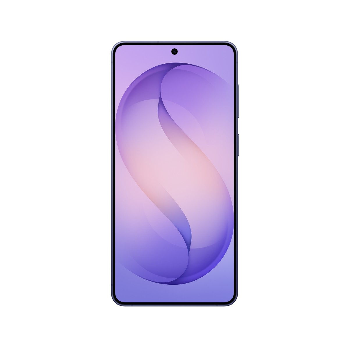 Ciemny smartfon wyświetlający fioletowo-różową tapetę z zakrzywionym kształtem.