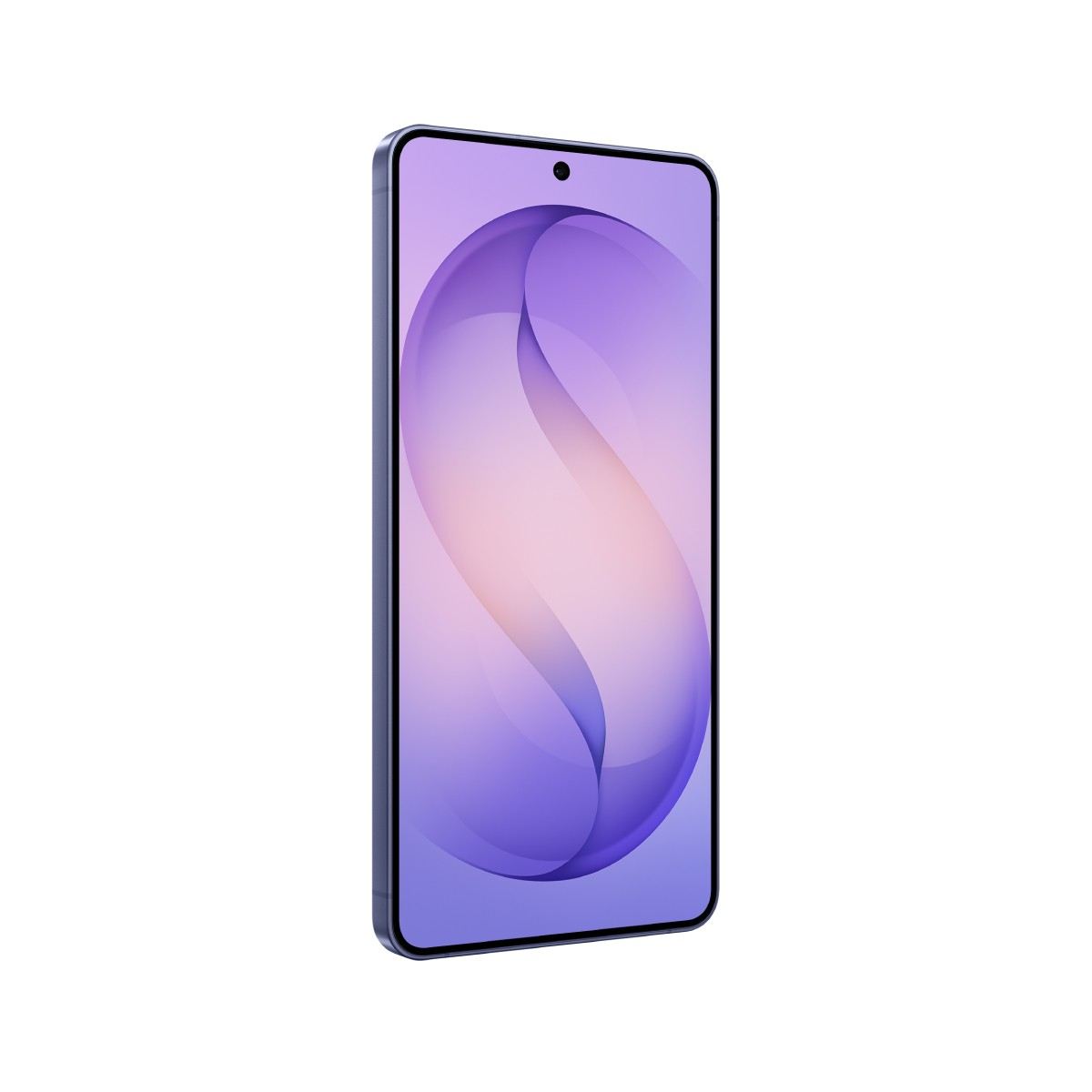 Nowoczesny smartfon z niebieską ramką i fioletowym abstrakcyjnym tłem.