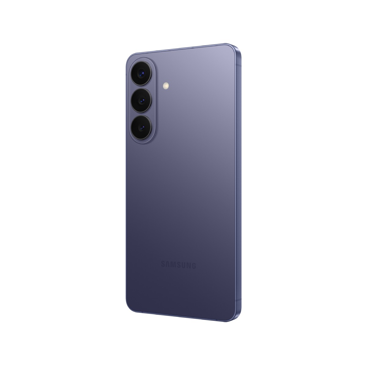 Fioletowy smartfon Samsung z trzema aparatami, na białym tle.