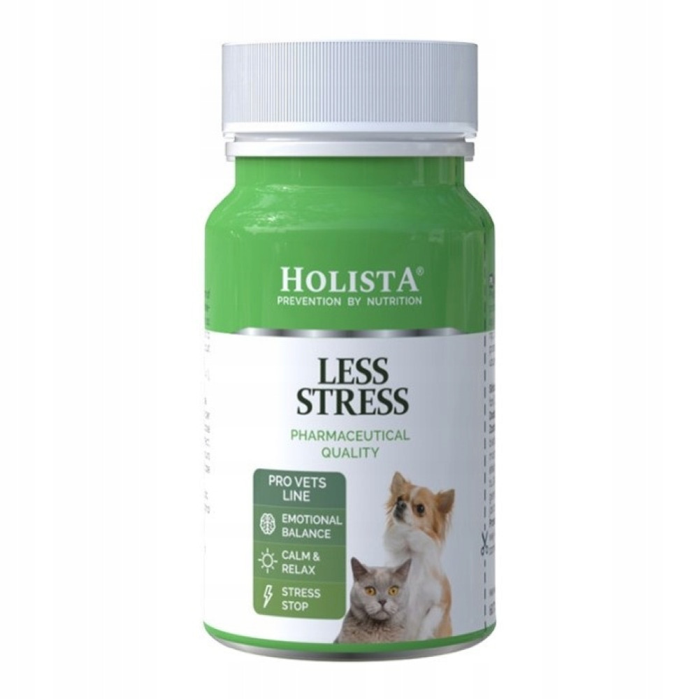 Zielona butelka Holista Less Stress dla zwierząt, z psem i kotem.