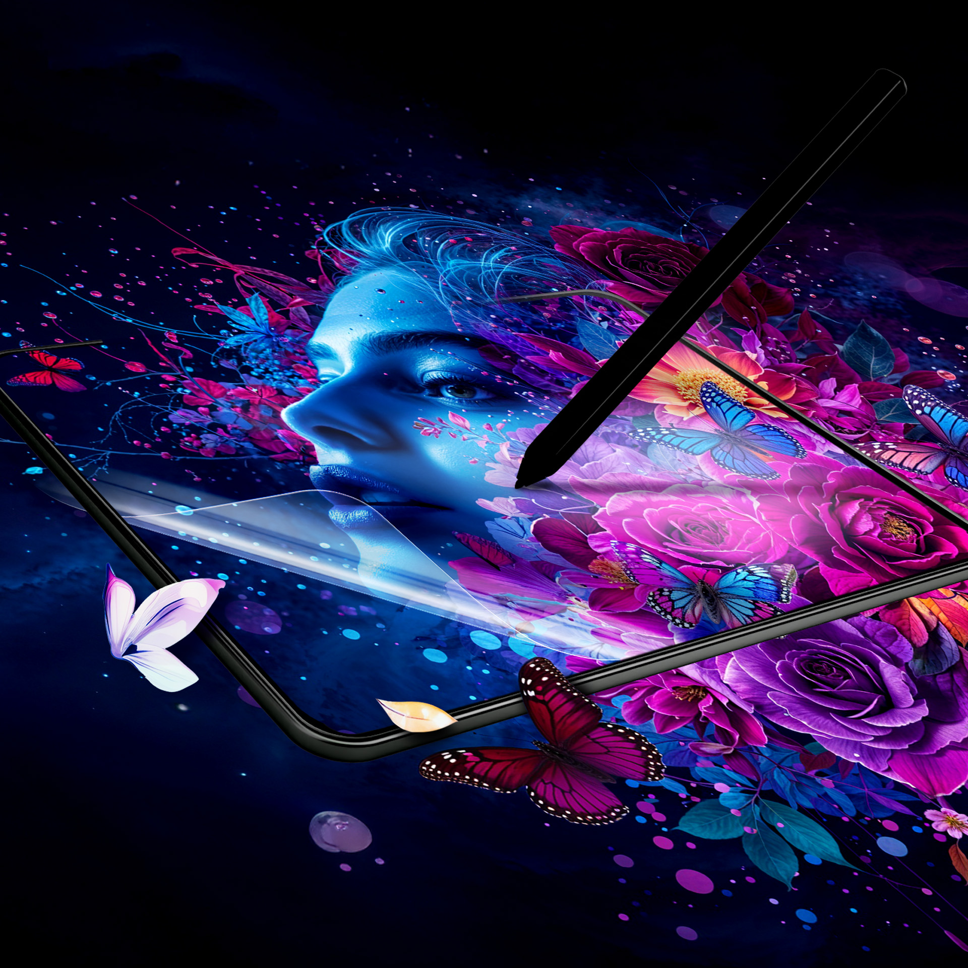 Neonowa twarz z kwiatami i motylami na ciemnym tle.