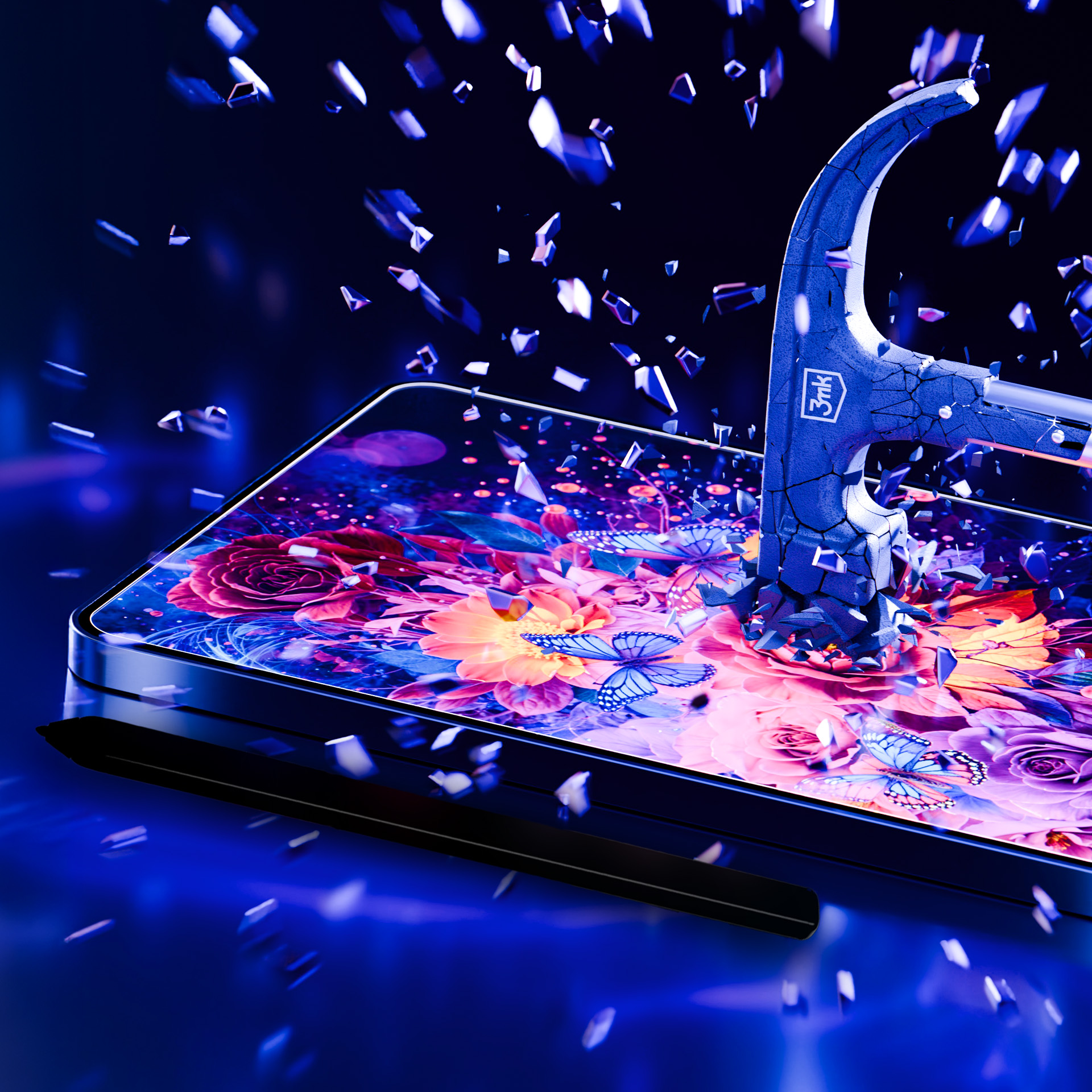 Niebieski młotek niszczy telefon z motywem kwiatowym. Latają niebieskie motyle.