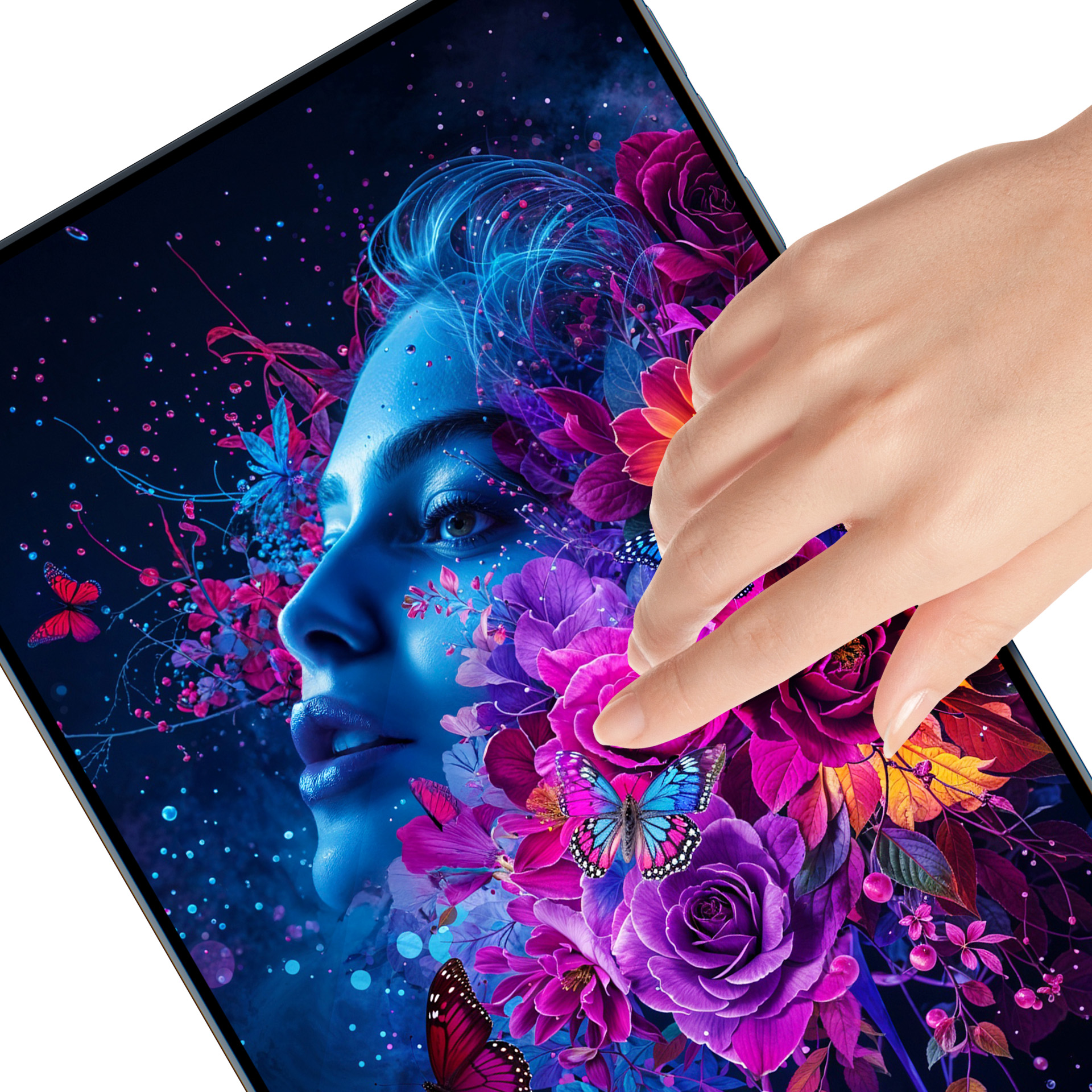 Dłoń dotyka ekranu z niebieską twarzą, kwiatami i motylami.