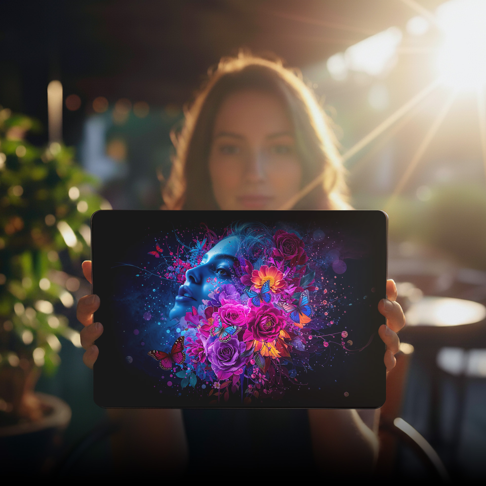 Kobieta trzyma tablet z niebieską twarzą, kwiatami i motylami