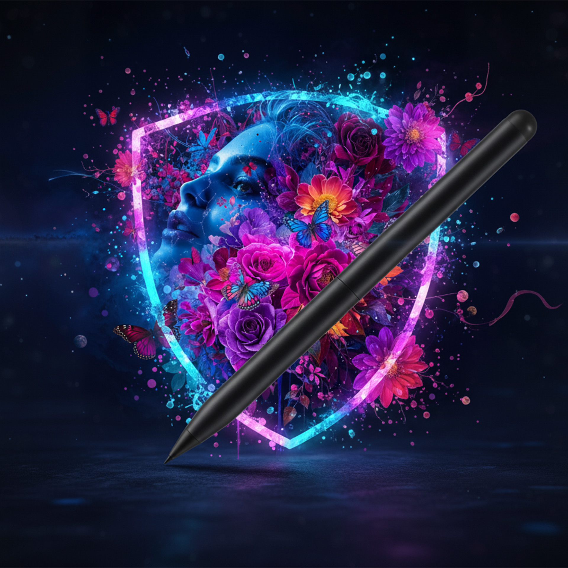 Czarny długopis unosi się przed niebieską twarzą, otoczony kwiatami i motylami.