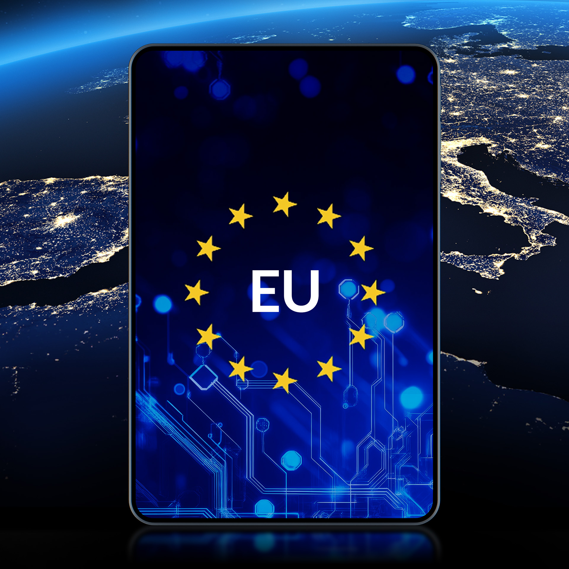 Flaga UE na ekranie przed Ziemią nocą z widocznymi światłami.