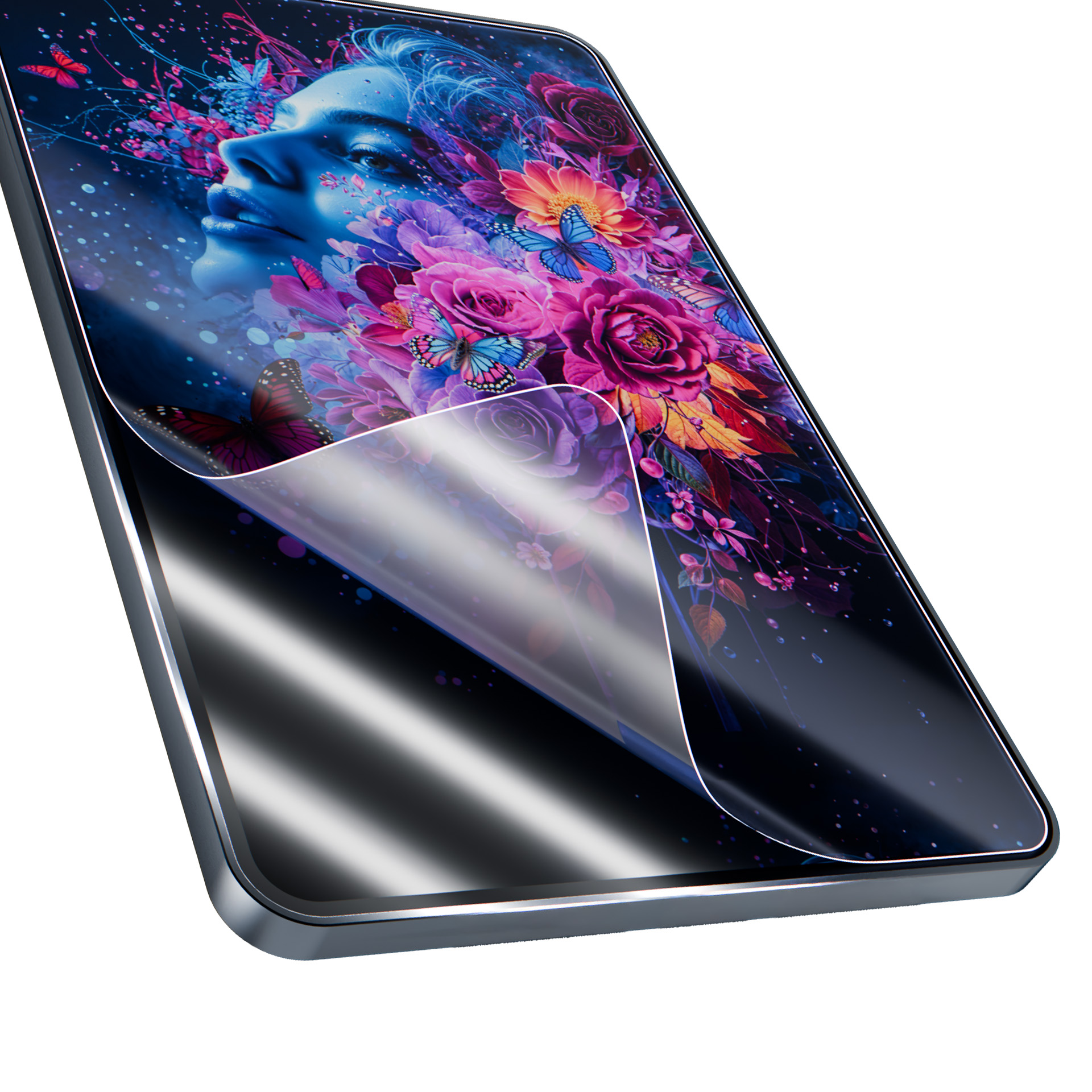 Smartfon z niebieską twarzą, kolorowymi kwiatami i motylami.