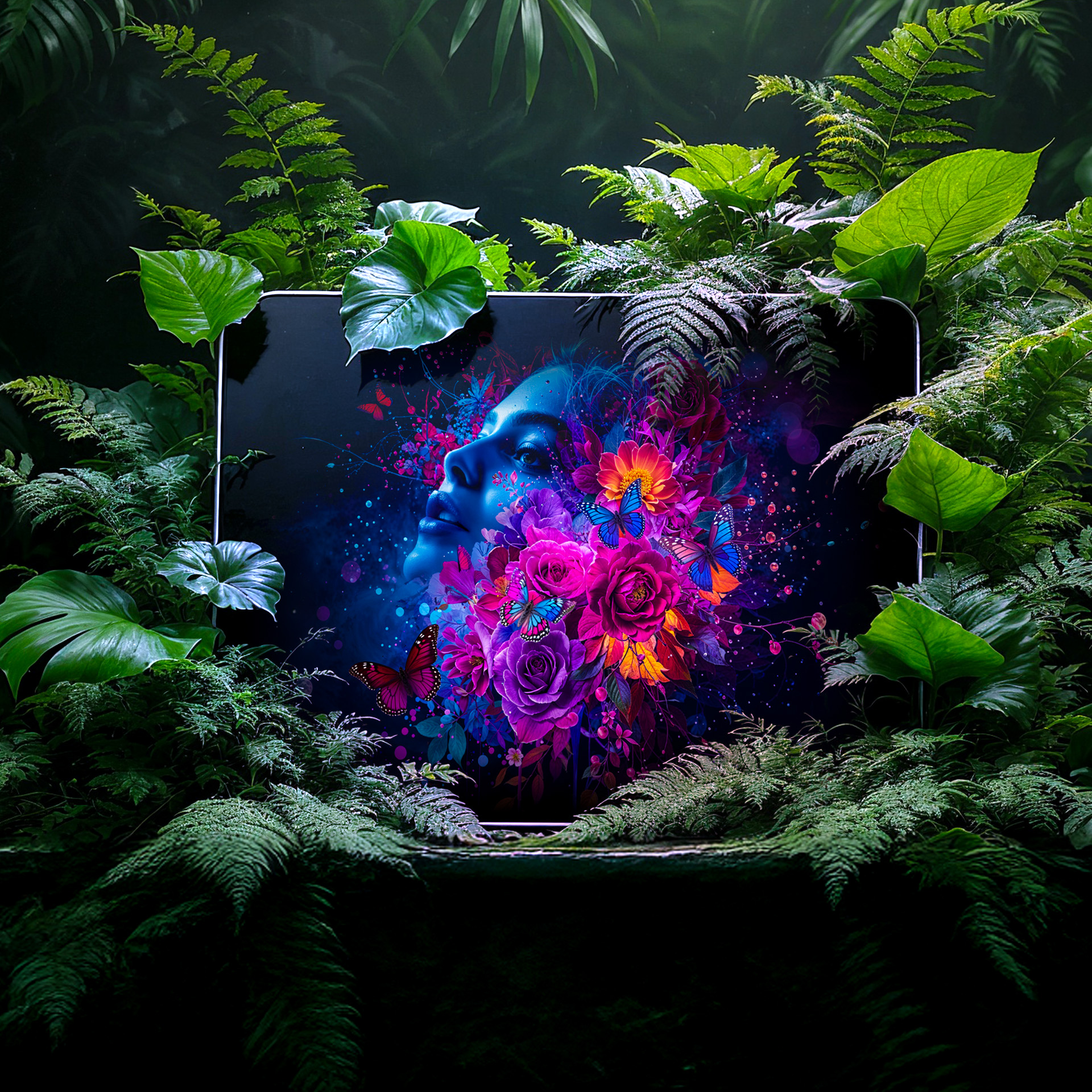 Niebieska głowa wśród kolorowych kwiatów i motyli, otoczona zielenią.