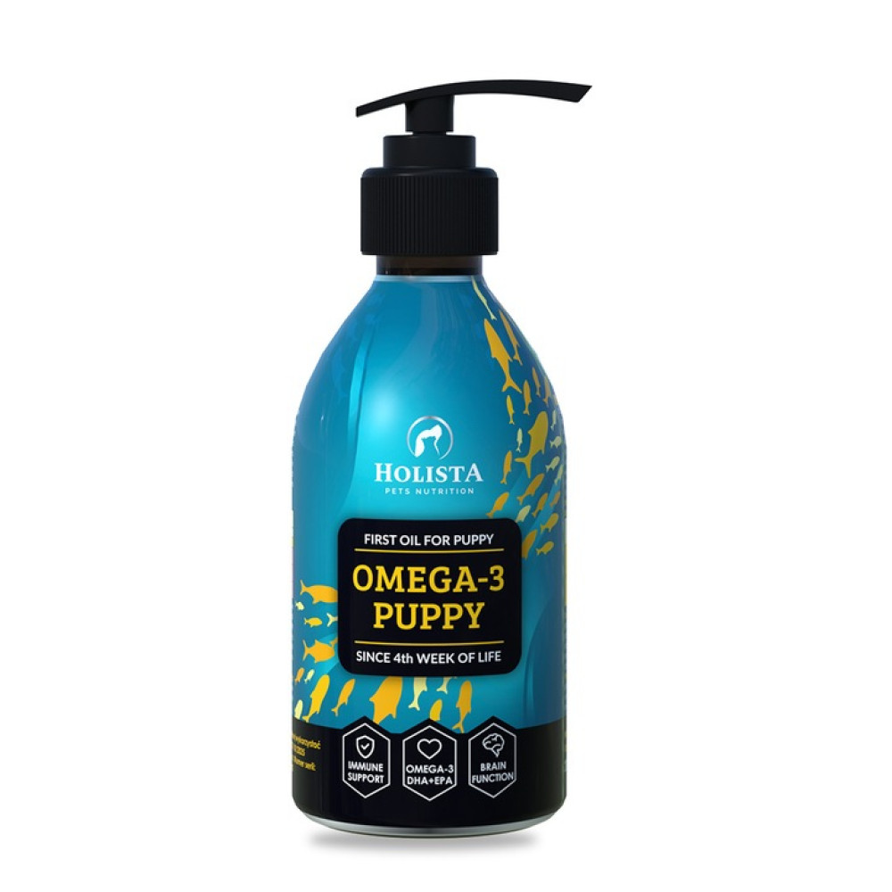 Niebieska butelka oleju Omega-3 dla szczeniąt z żółtymi rybkami i pompką.
