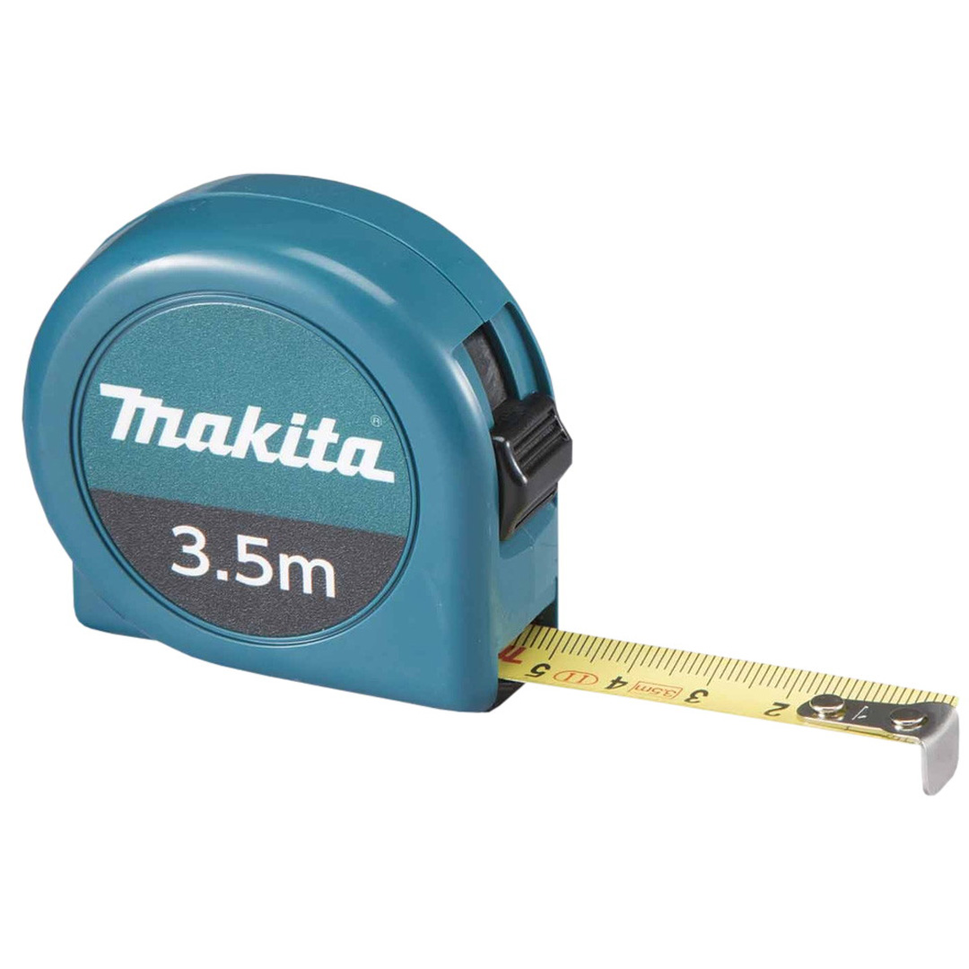 Turkusowa miarka Makita z wysuniętą żółtą taśmą i czarnym hakiem.