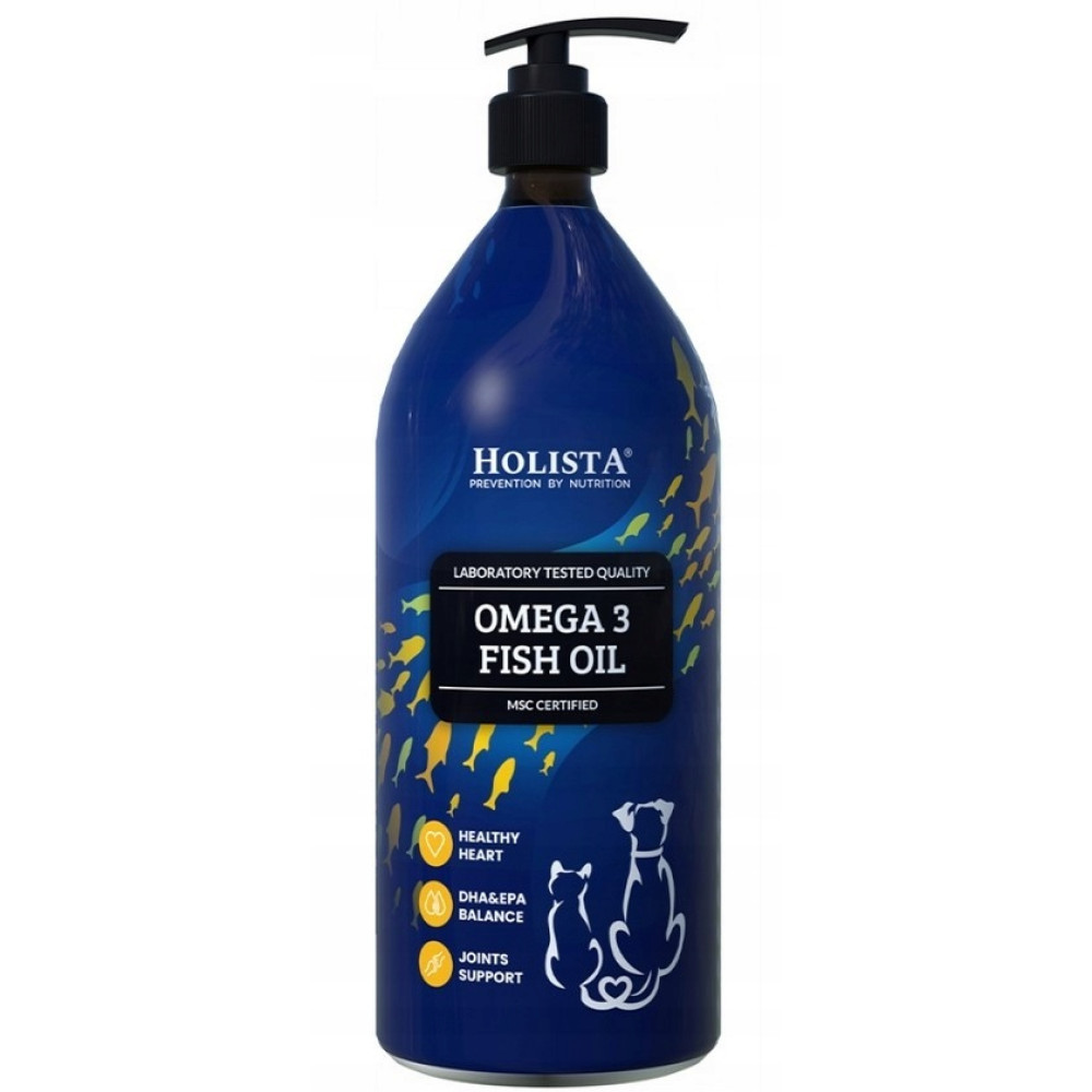 Niebieska butelka Holista Omega 3 Oleju Rybnego, z grafiką ryb i ikonami korzyści zdrowotnych.