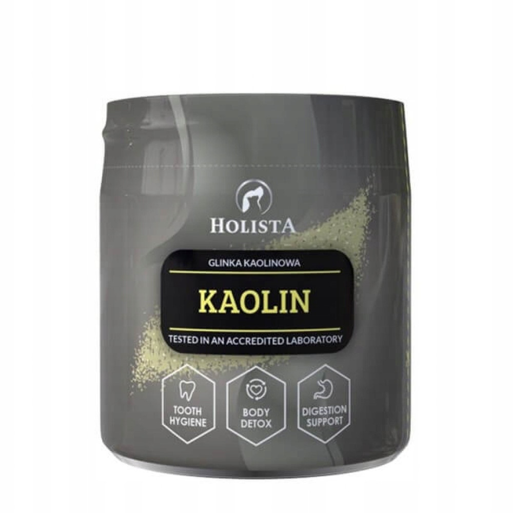 Pojemnik Holista Kaolin z ikonami higieny zębów, detoksu ciała i wsparcia trawienia.