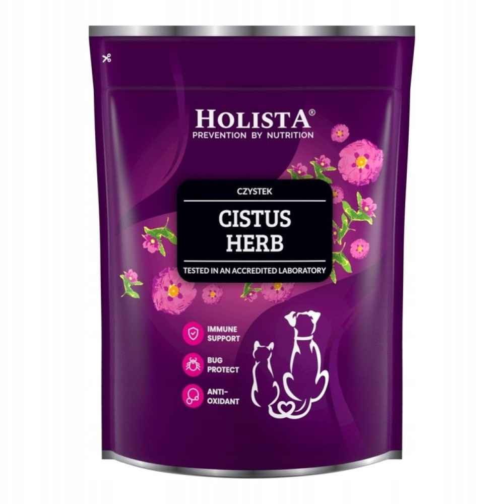 Fioletowe opakowanie Holista Cistus Herb z kwiatami i sylwetkami zwierząt.