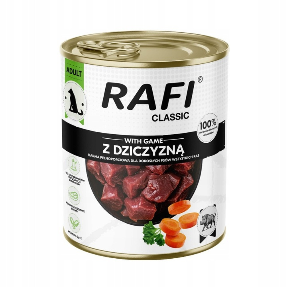 Puszka karmy dla psów z kawałkami mięsa i marchewką. Marka: RAFI CLASSIC.