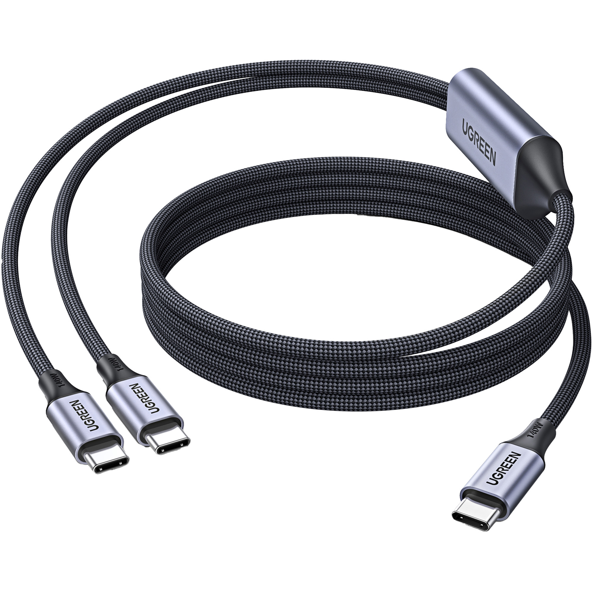 Szary kabel UGREEN z dwoma złączami USB-C i jednym złączem centralnym.