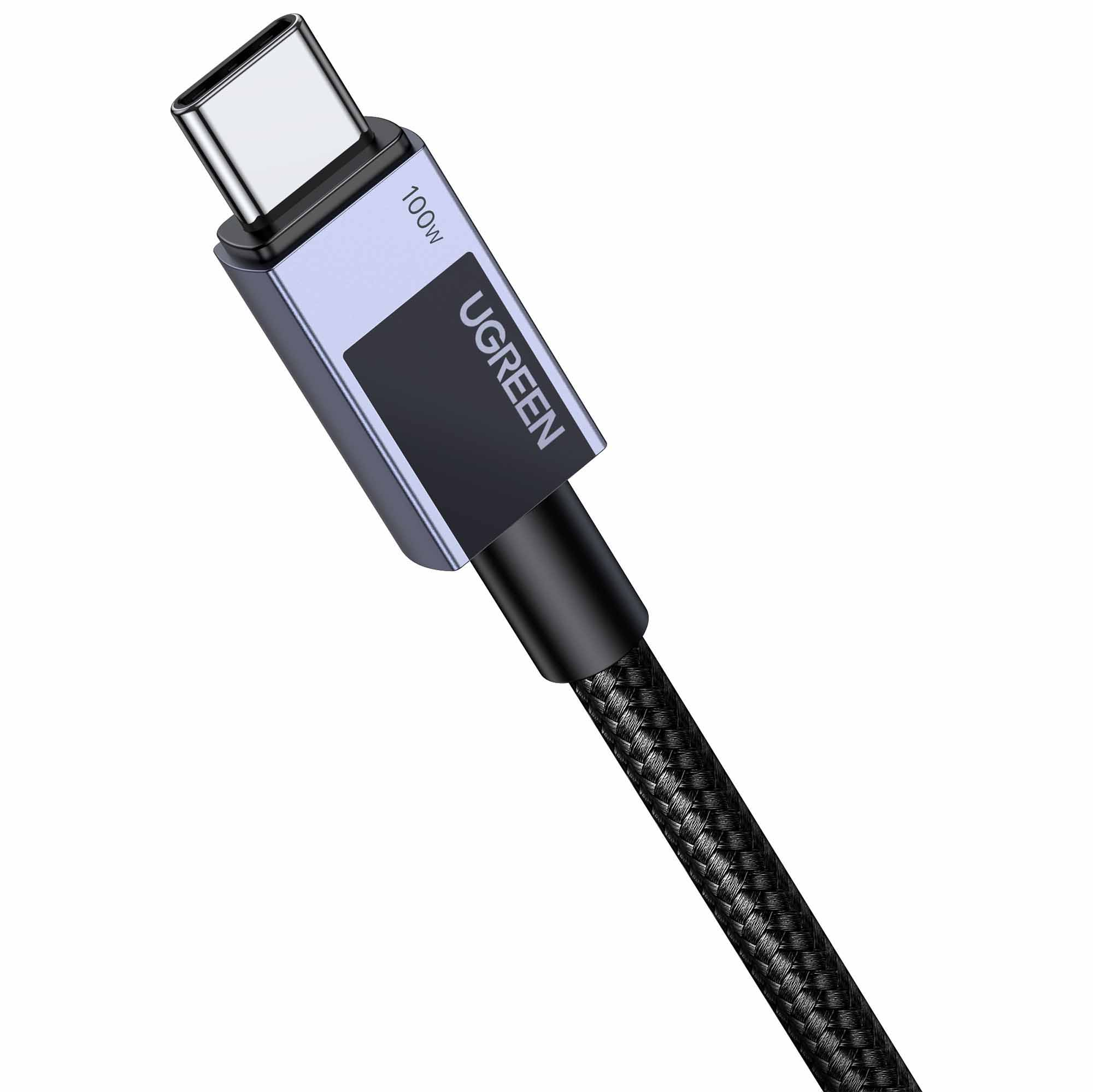 Kabel USB-C ze srebrną wtyczką i niebieską obudową, obsługuje 100W.