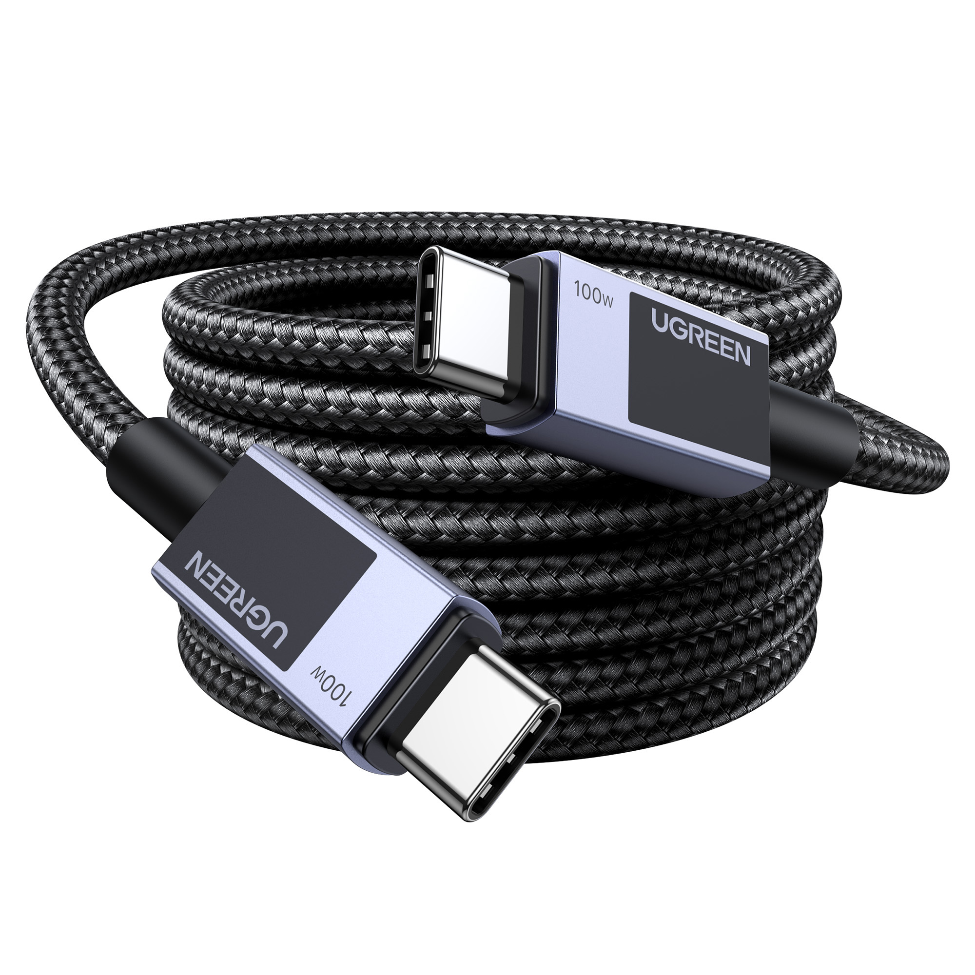 Czarny kabel USB-C UGREEN 100W, zwinięty.