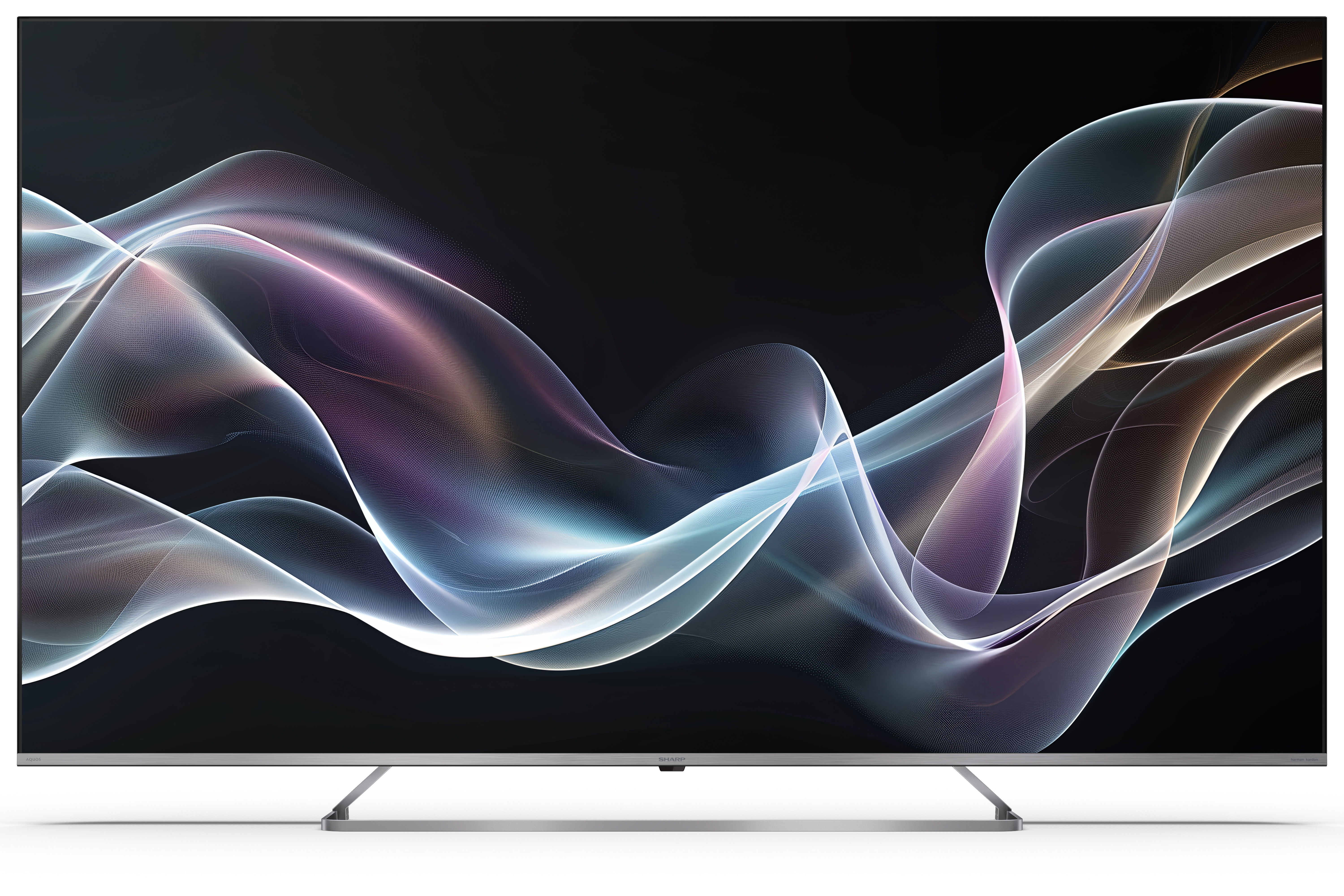 Ein moderner Fernseher mit einem abstrakten, wellenförmigen Muster in Blau, Pink und Weiß auf schwarzem Hintergrund.