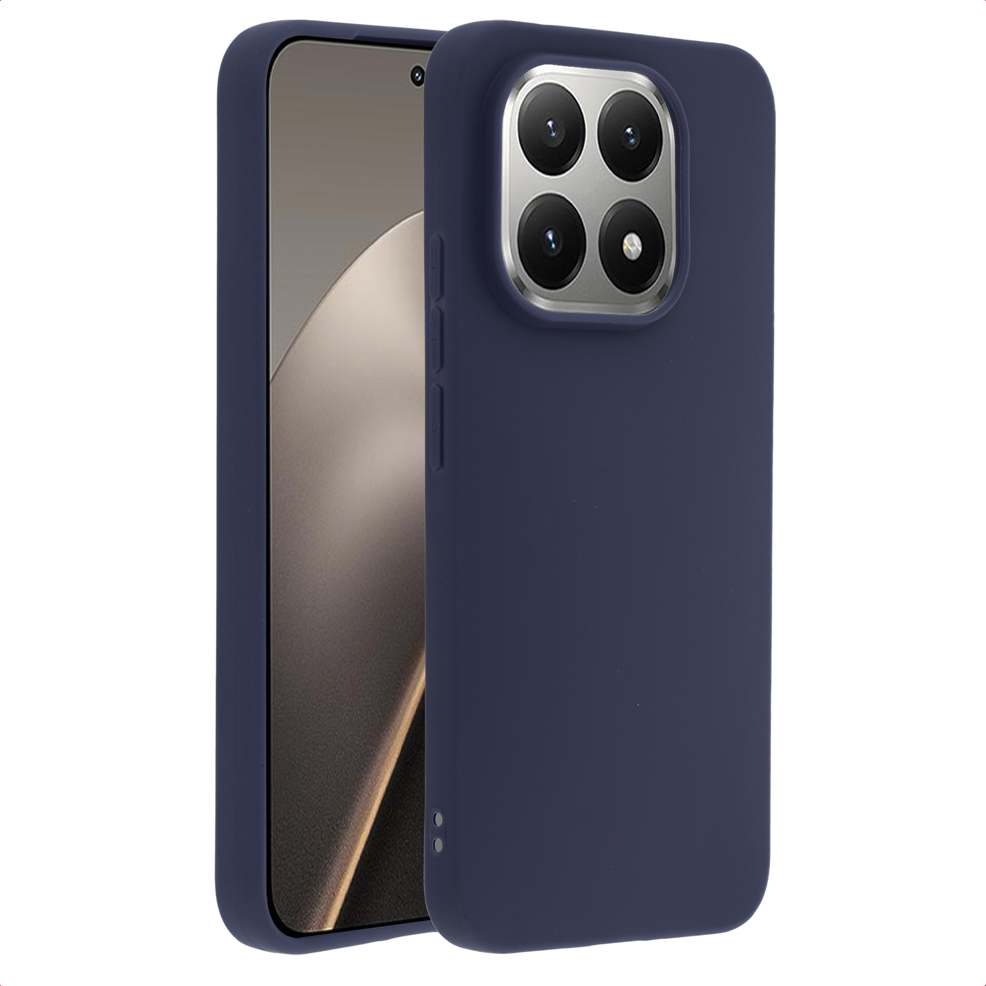 Donkerblauw telefoonhoesje met quad camera. Witte achtergrond.