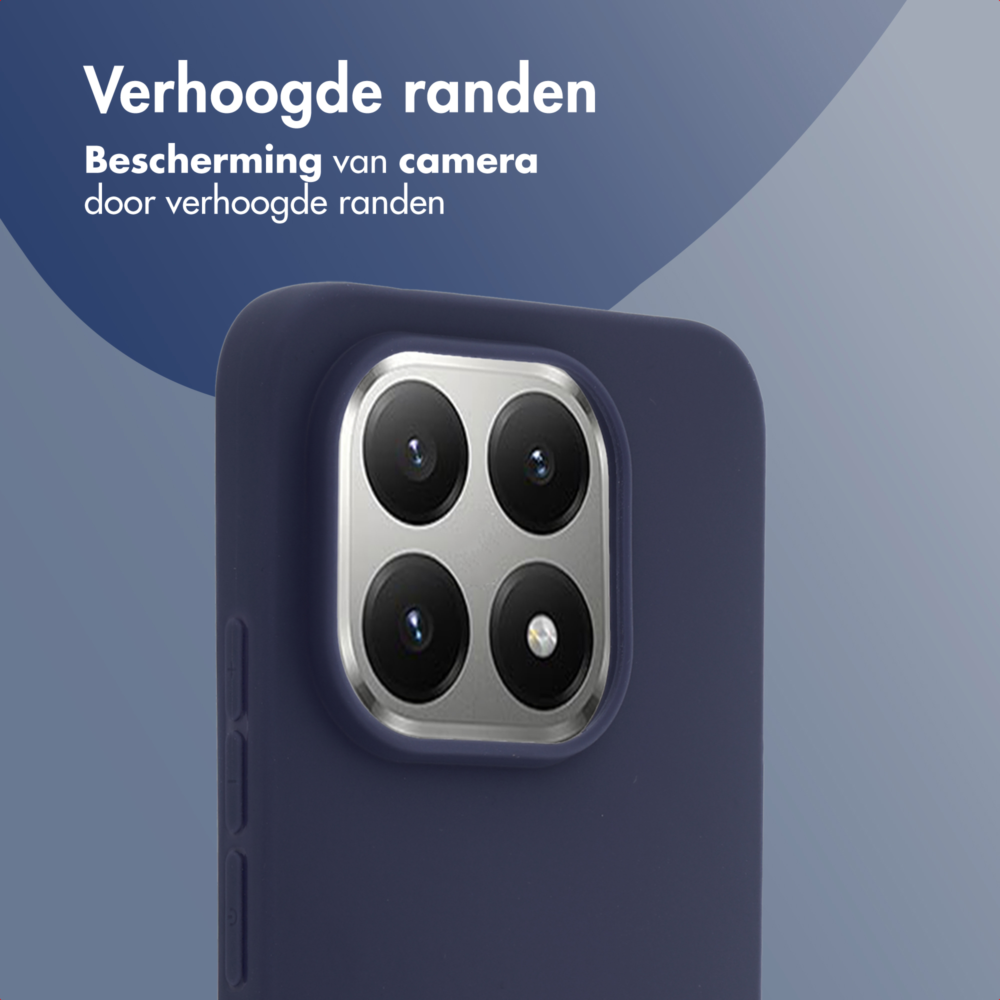 Donkerblauwe telefoonhoes met vier cameralenzen en knoppen.