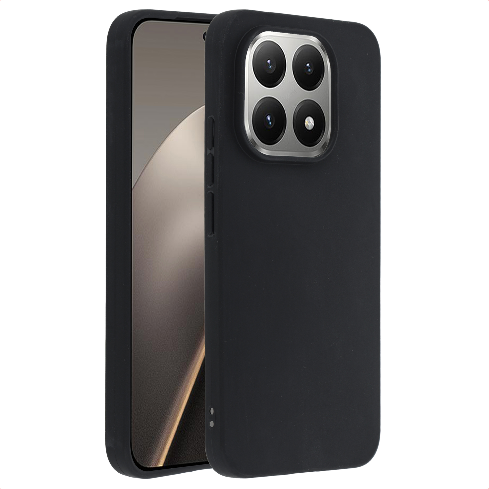 Smartphone nero con fotocamera quadrupla. Isolato su sfondo bianco.