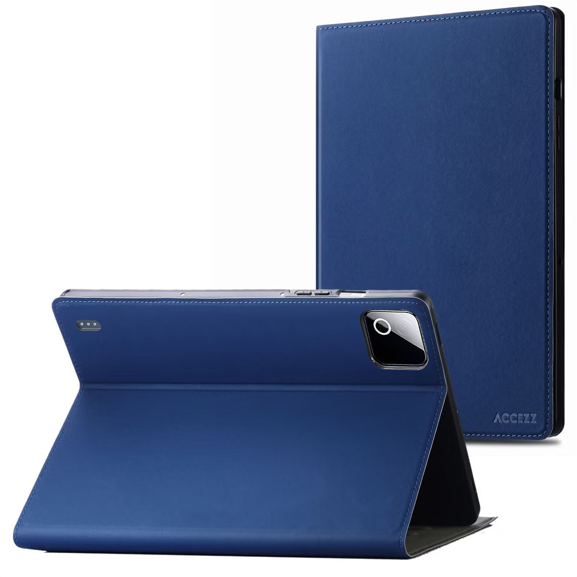 Blauwe tablethoes rechtop en openstaand, met camera-uitsparing.
