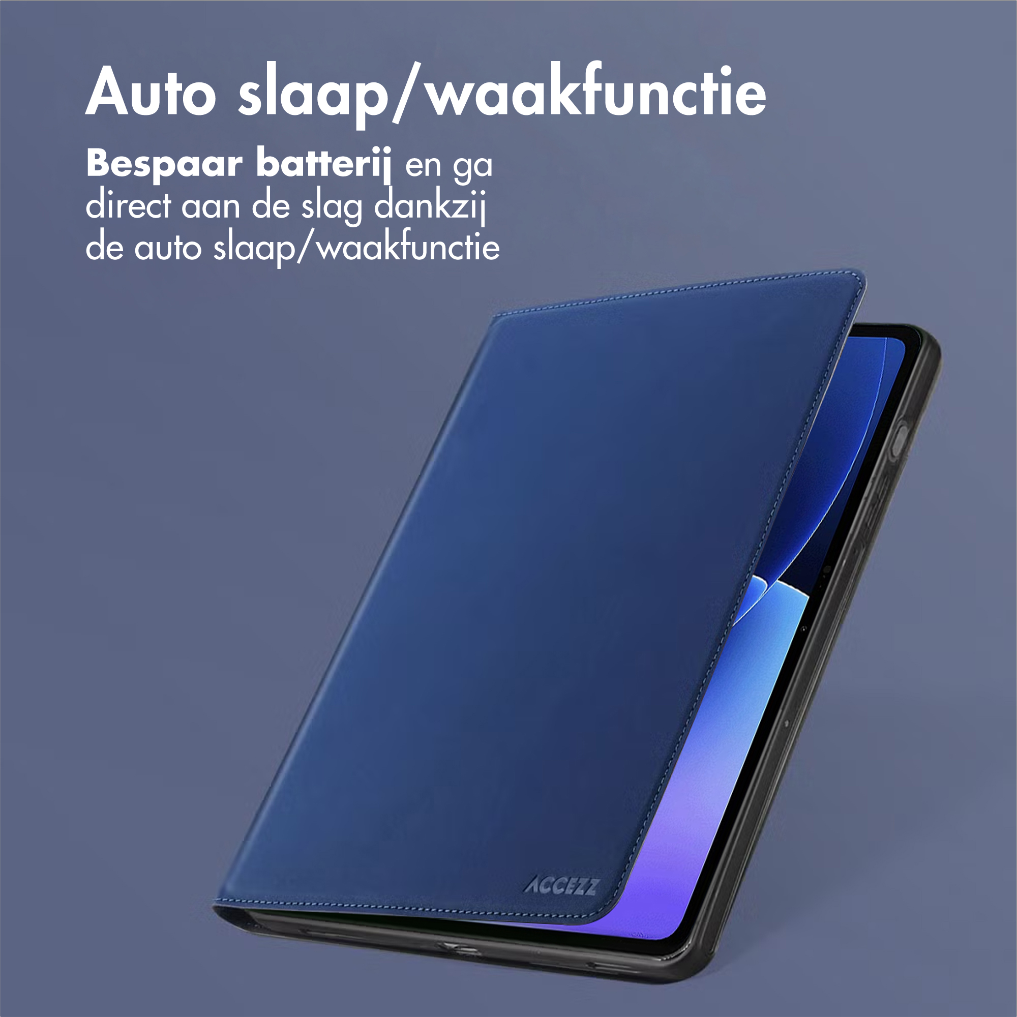 Donkerblauwe tablet met hoes. Automatische slaap/waakfunctie.