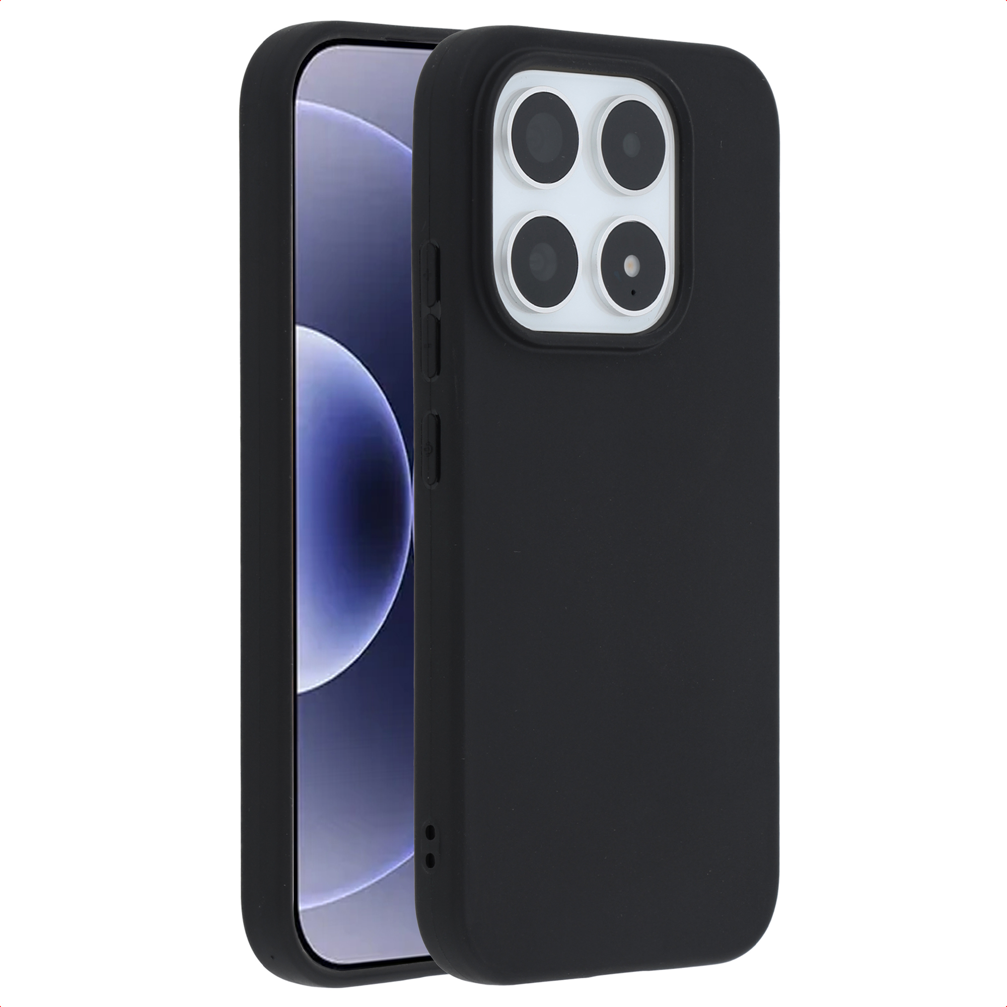 Zwarte telefoonhoes met vier cameralenzen op een witte achtergrond.