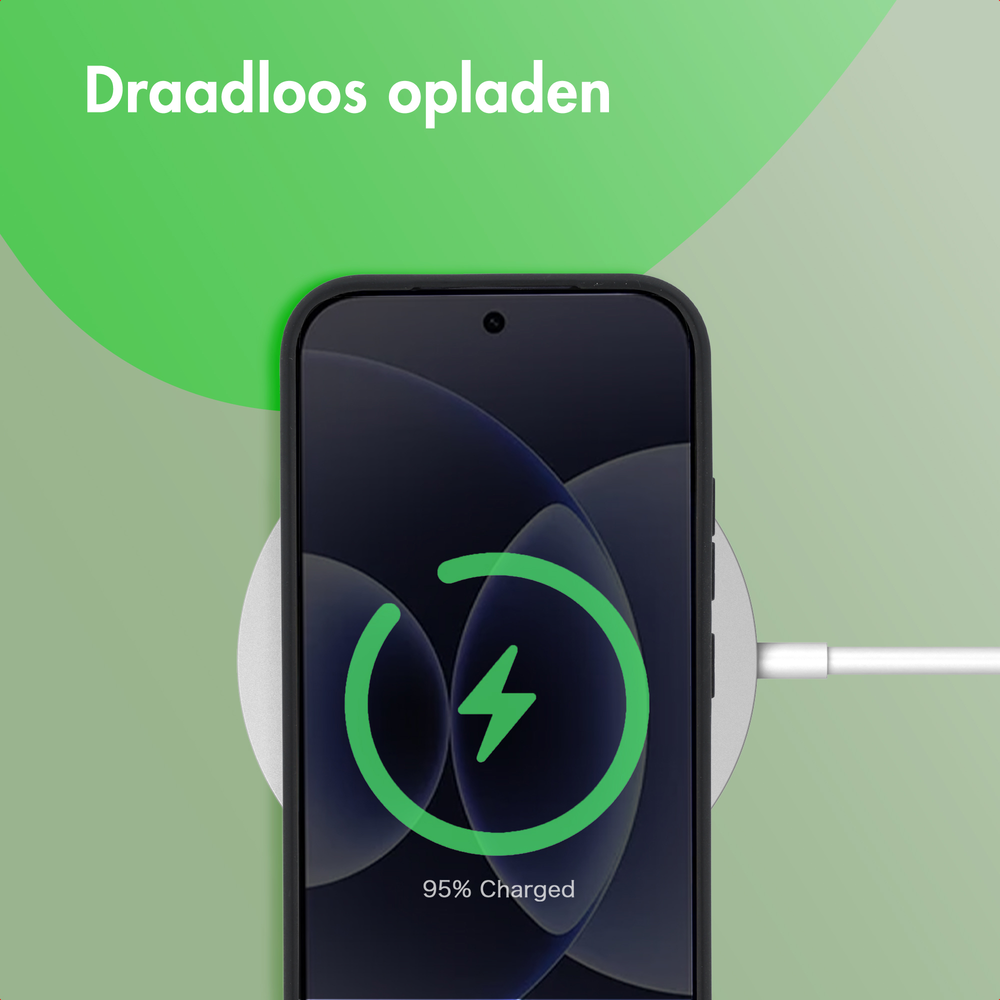 Een smartphone wordt draadloos opgeladen op een rond oplaadstation.