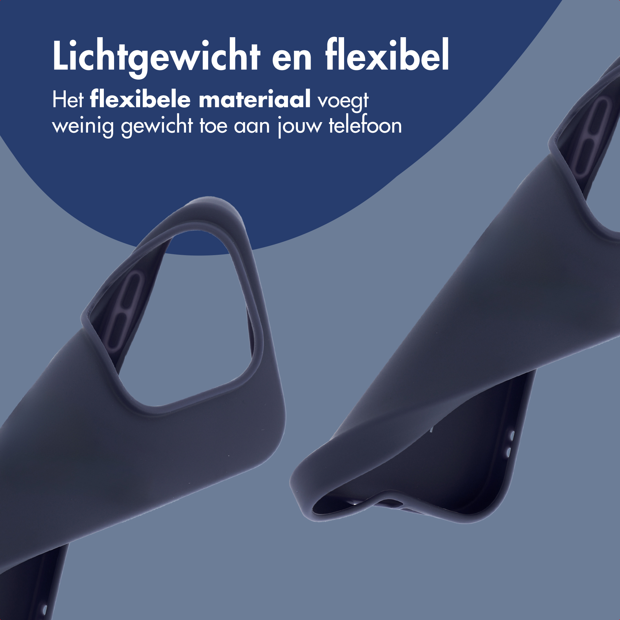Donkergrijs flexibel telefoonhoesje dat buigt. Tekst in het Nederlands.