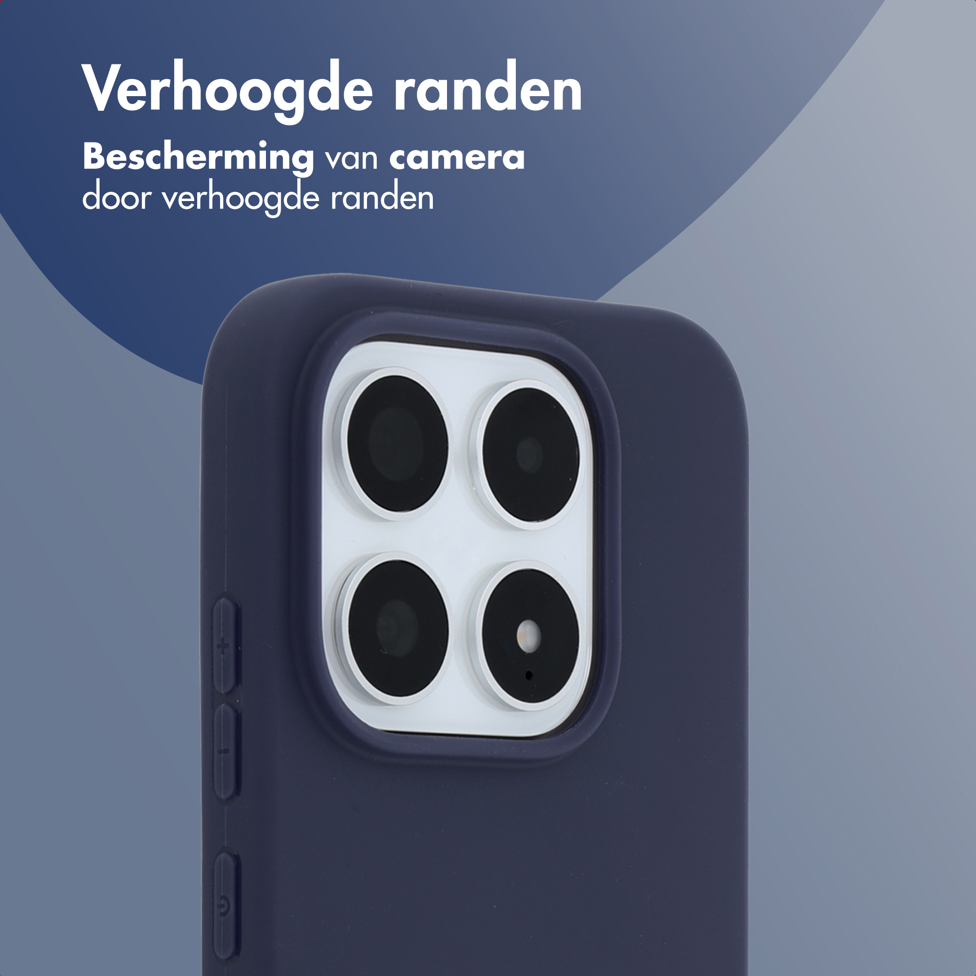 Donkerblauwe telefoonhoes met vier camera's. Verhoogde randen.