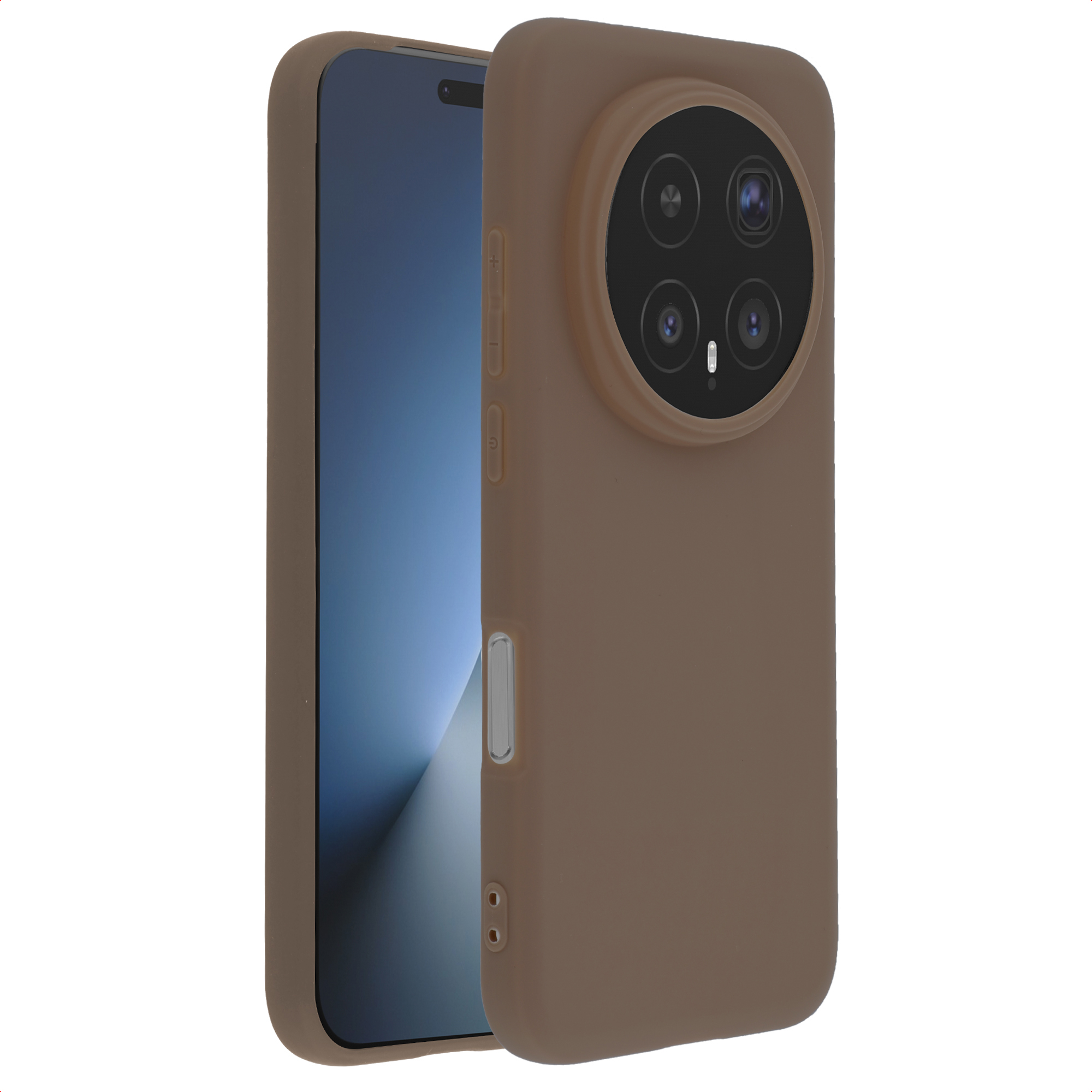 Une coque de téléphone marron avec un module caméra rond et quatre objectifs.