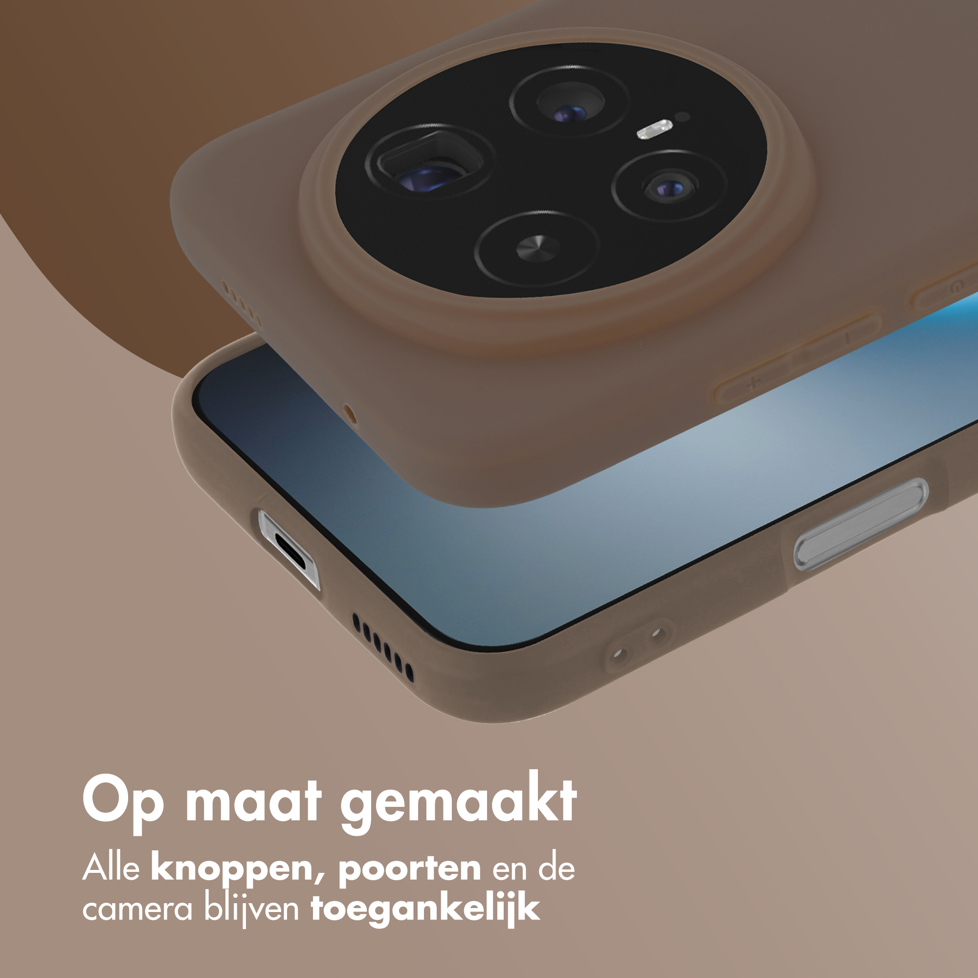 Un téléphone marron clair avec objectif et étui.
