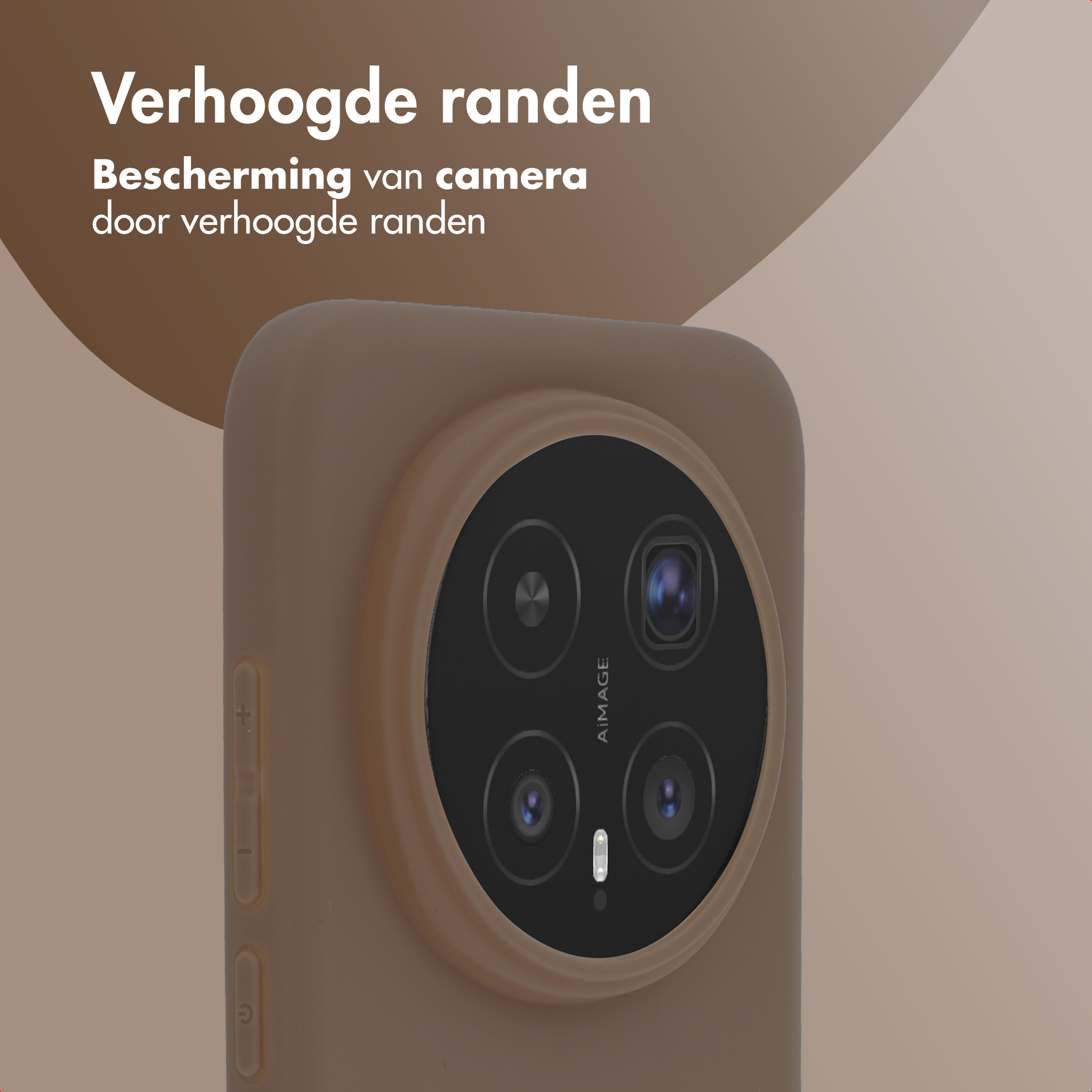 Arrière d'un smartphone marron montrant le module caméra et les bords surélevés.