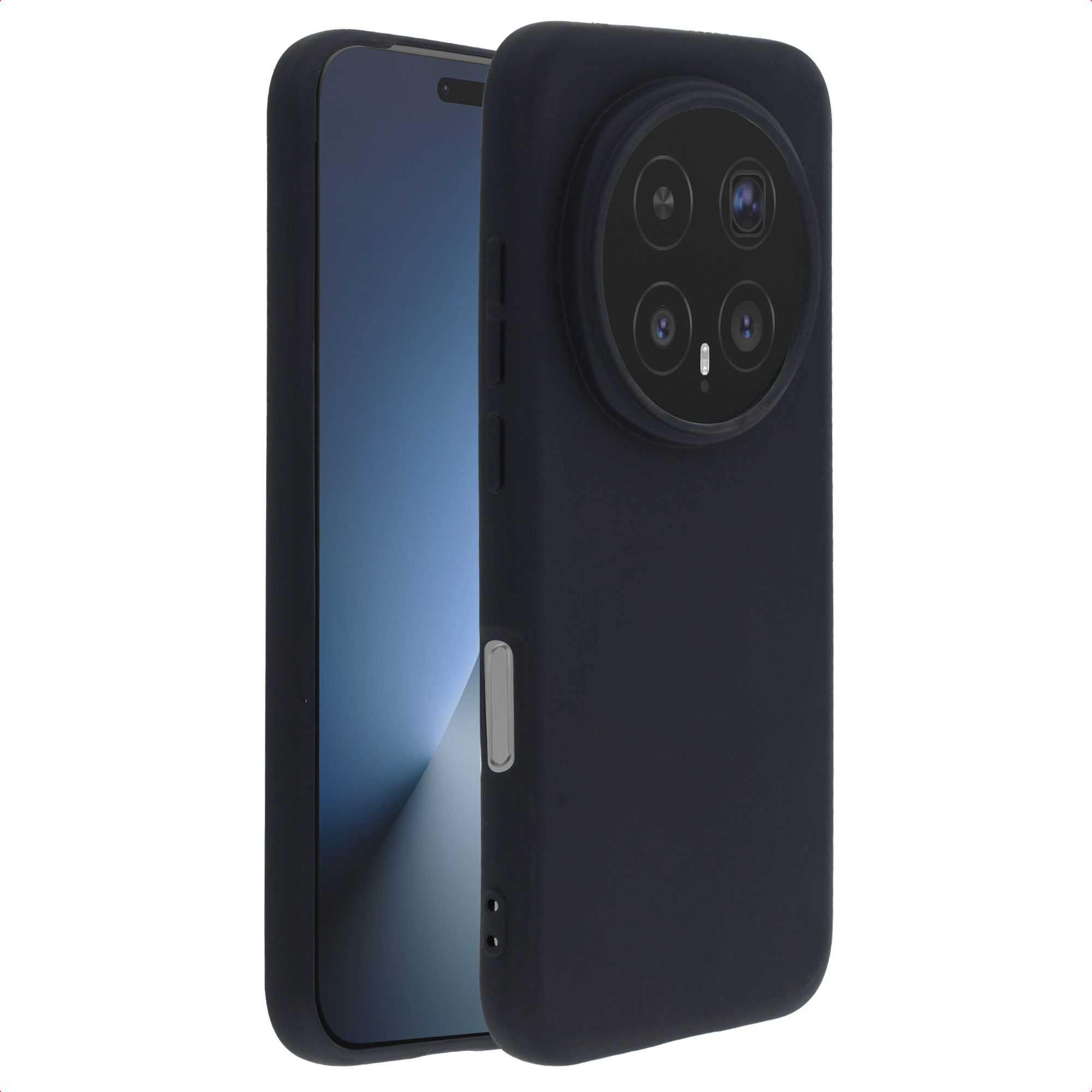 Donkergrijs toestel met een ronde camera-module-opstelling aan de achterkant.