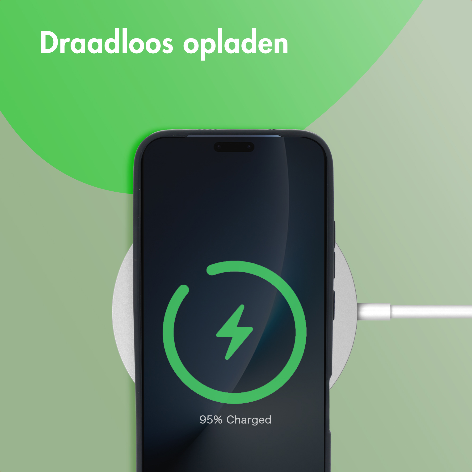 Een smartphone wordt draadloos opgeladen, 95% vol.