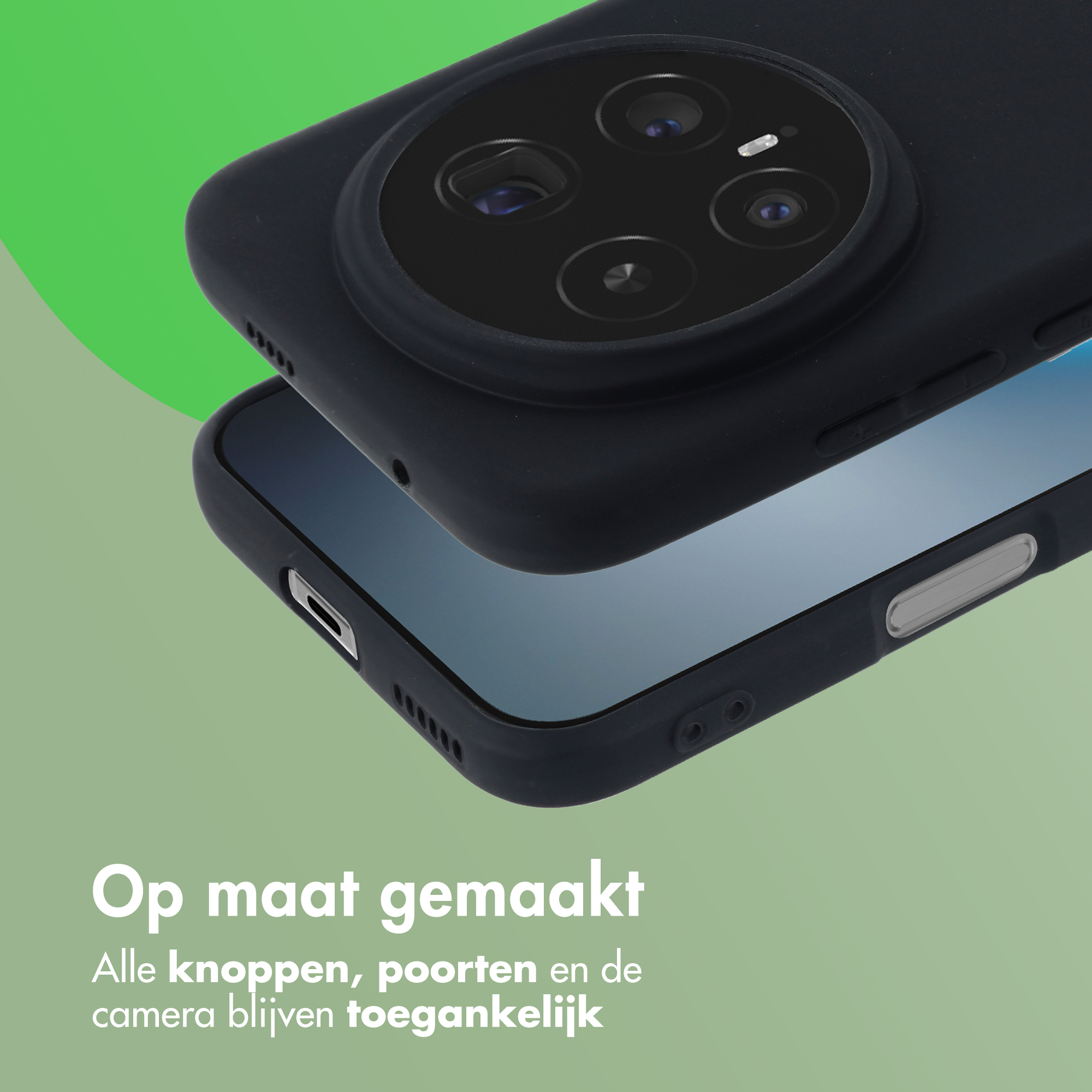 Close-up van een zwart telefoonhoesje met cameramodule en telefoon ernaast.