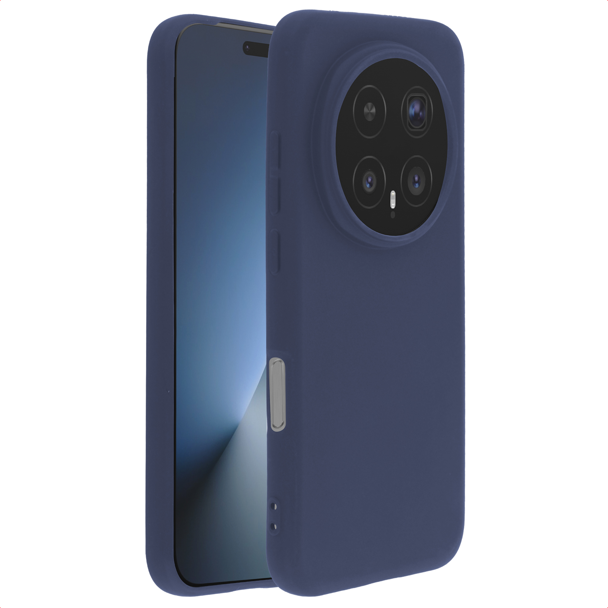 Donkerblauwe telefoonhoes met cameramodule en deel van het scherm.