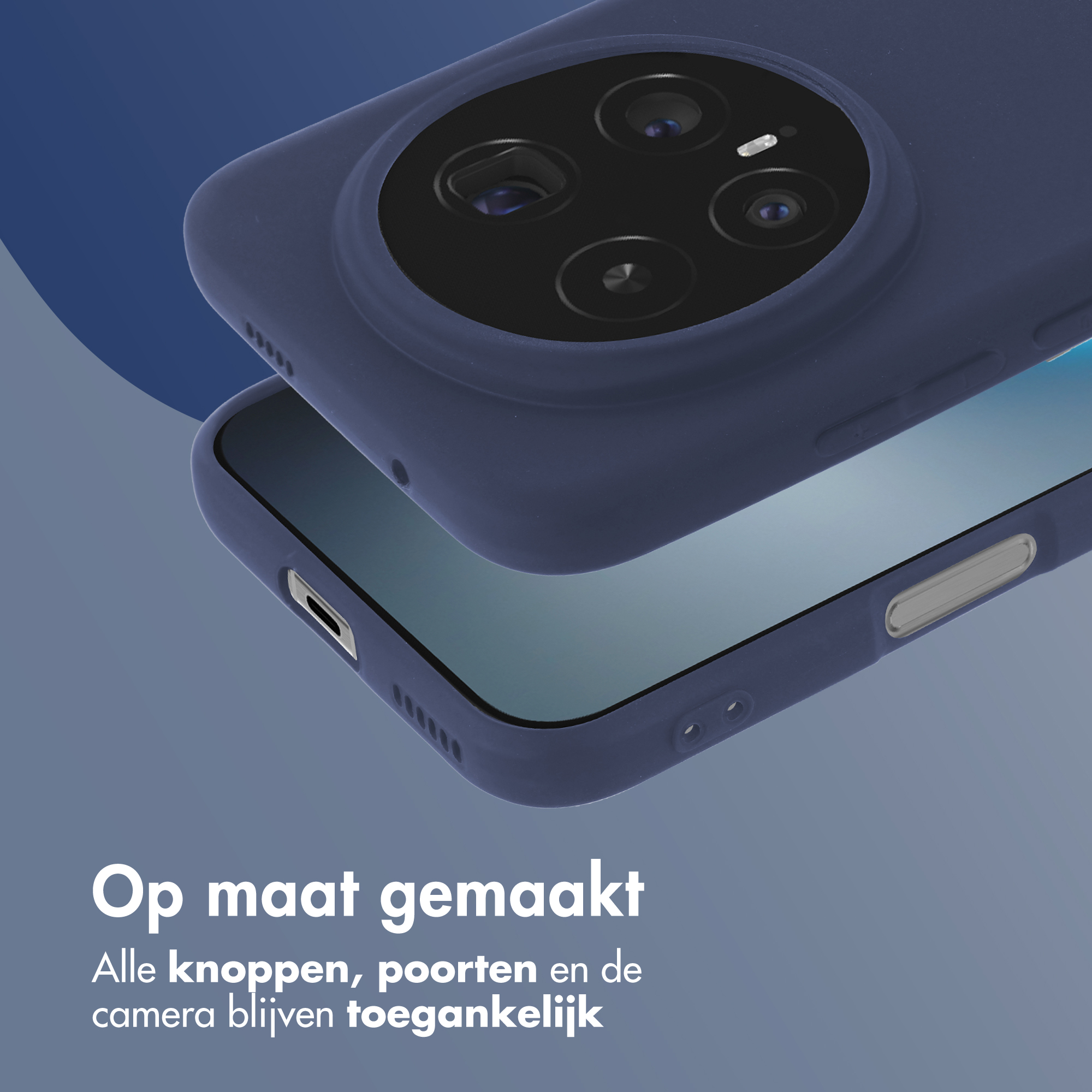 Donkerblauw telefoonhoesje met zichtbare camera, knoppen en poorten.