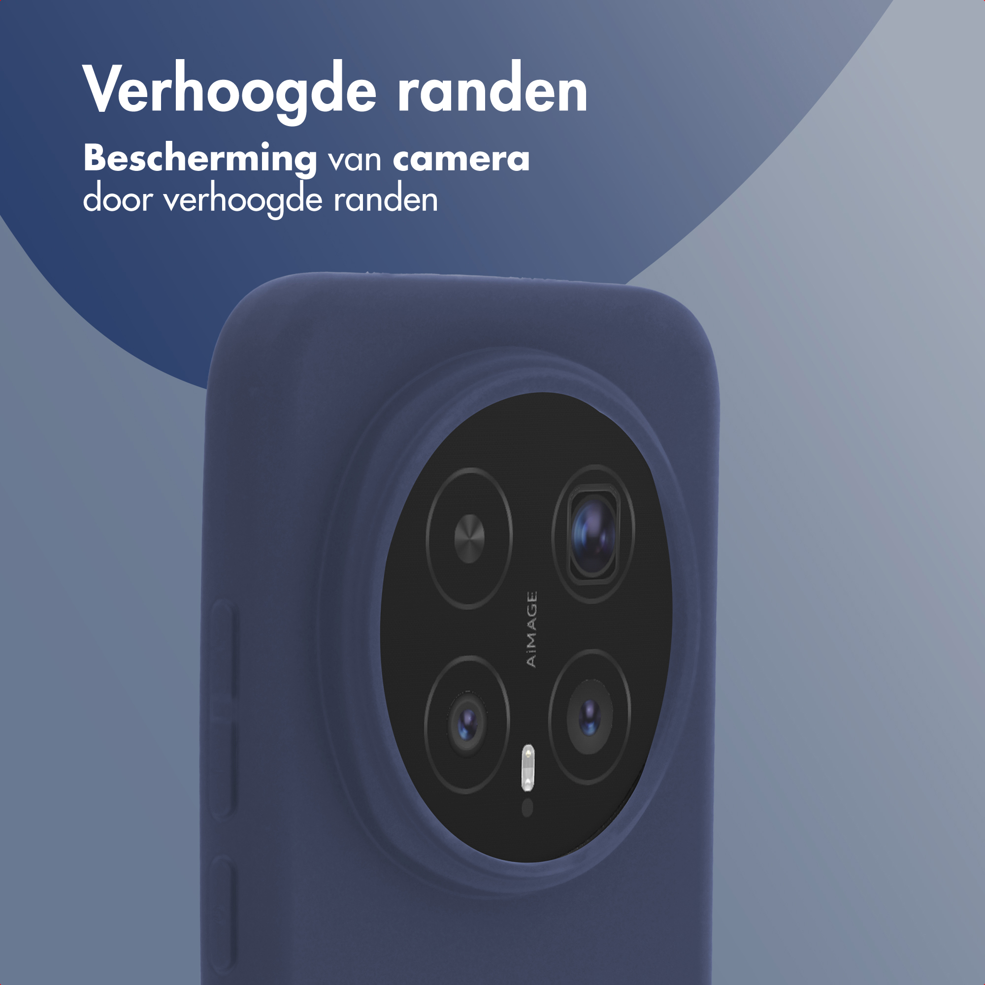 Donkerblauwe telefoon met cameramodule en verhoogde randen.