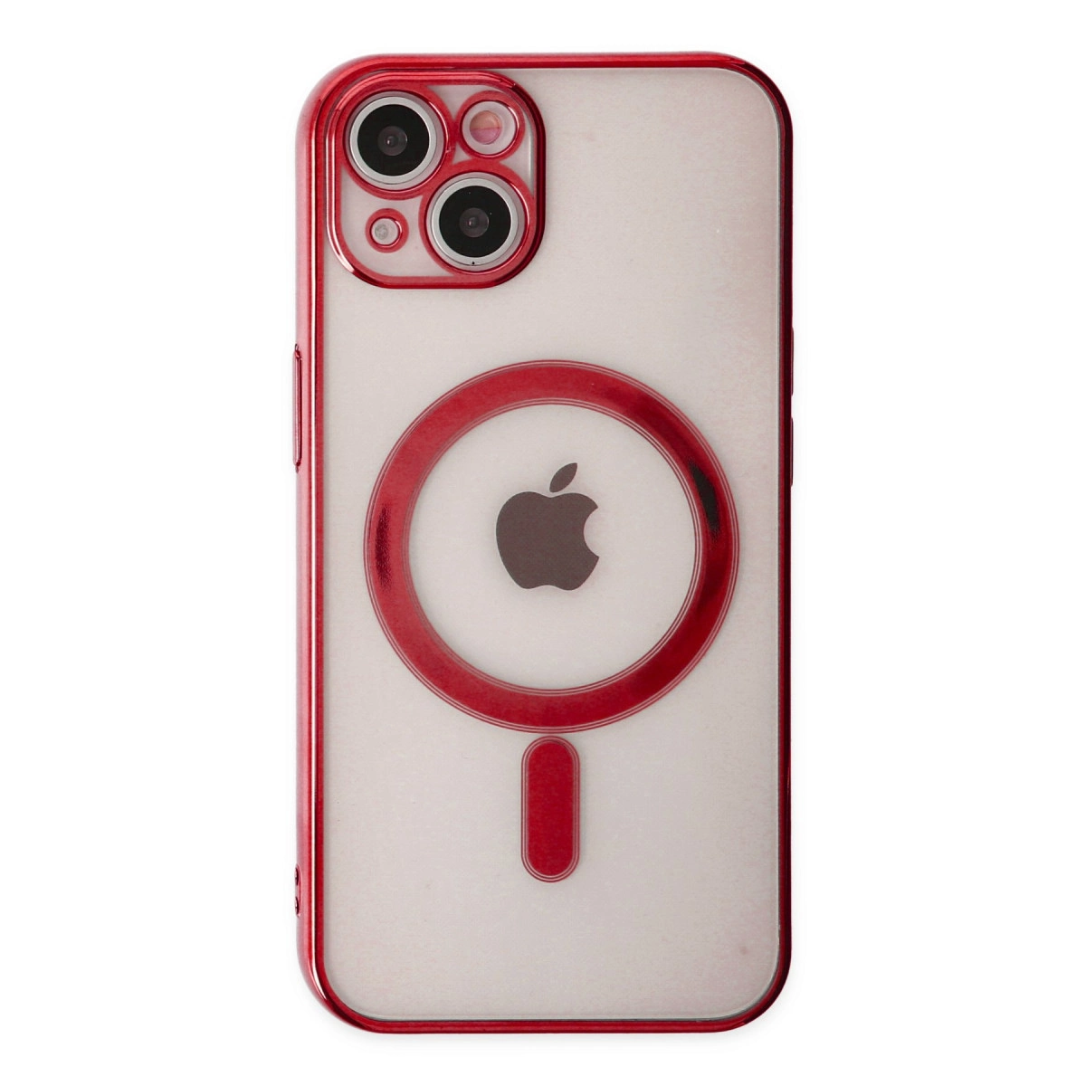 Kırmızı iPhone kılıfı, şeffaf arka yüzü, kameraları ve Apple logosu.