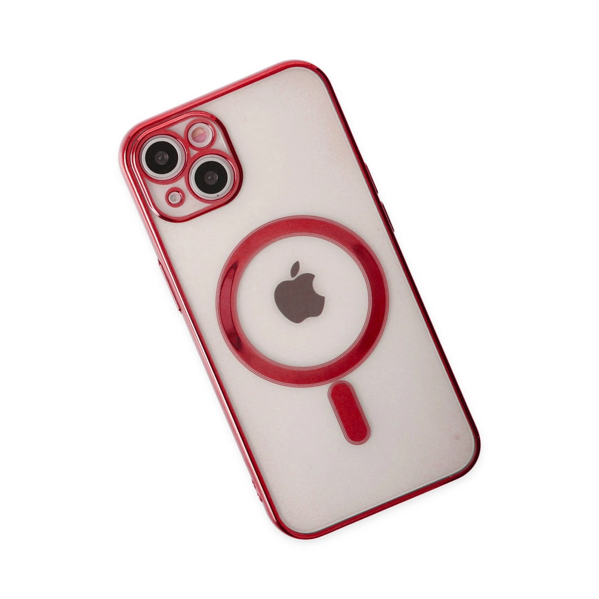 Kırmızı iPhone kılıfı, şeffaf arka ve kamera modülü.