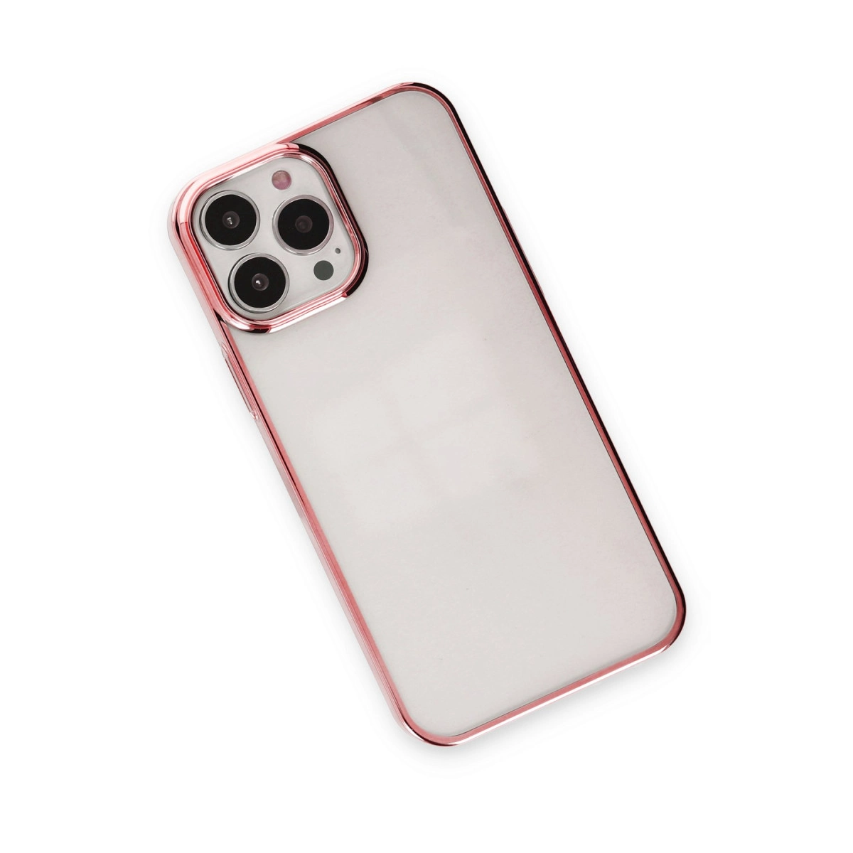 Rose gold kenarlı ve kamera modüllü şeffaf telefon kılıfı.
