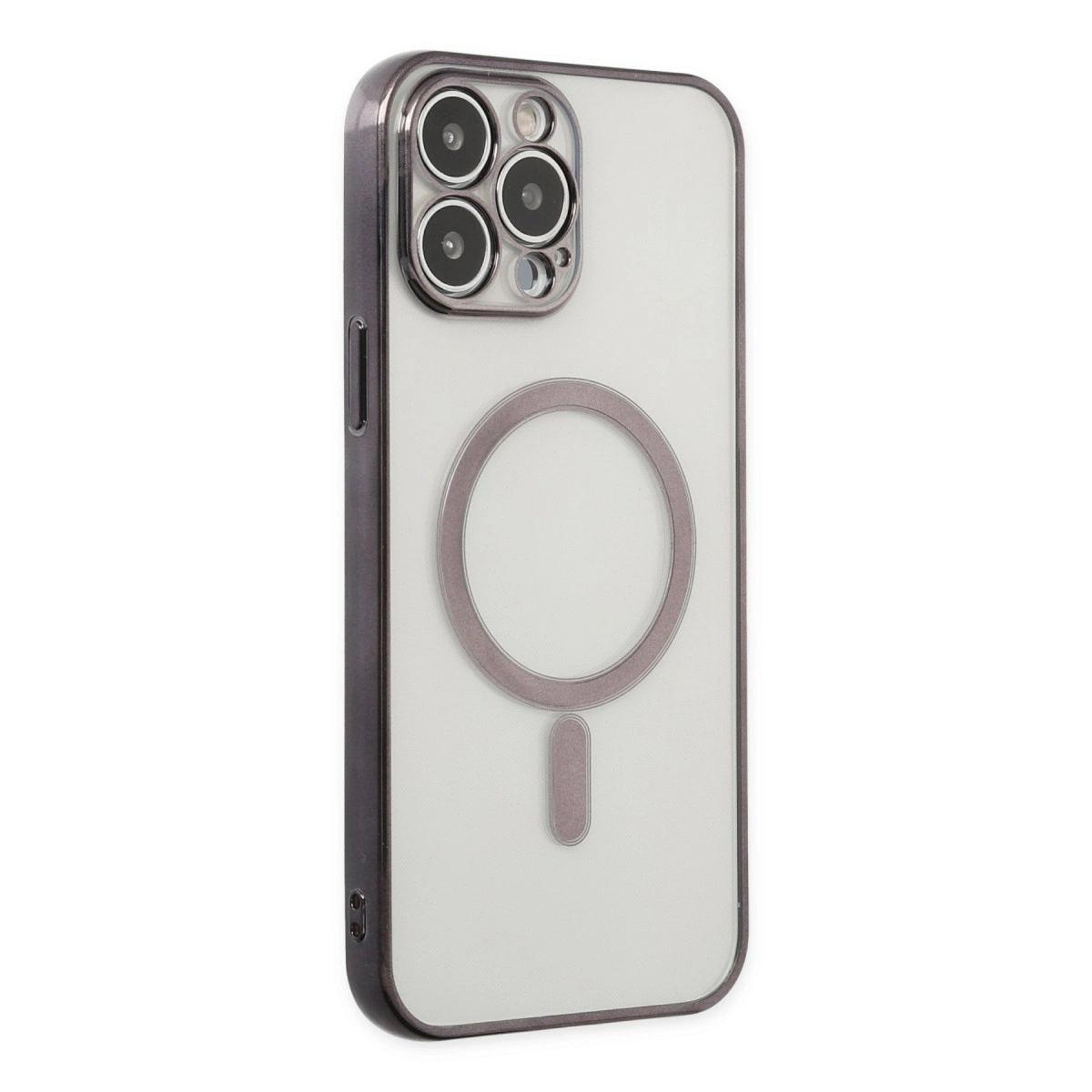 iPhone için manyetik halkalı şeffaf kılıf, beyaz arka plan üzerinde.